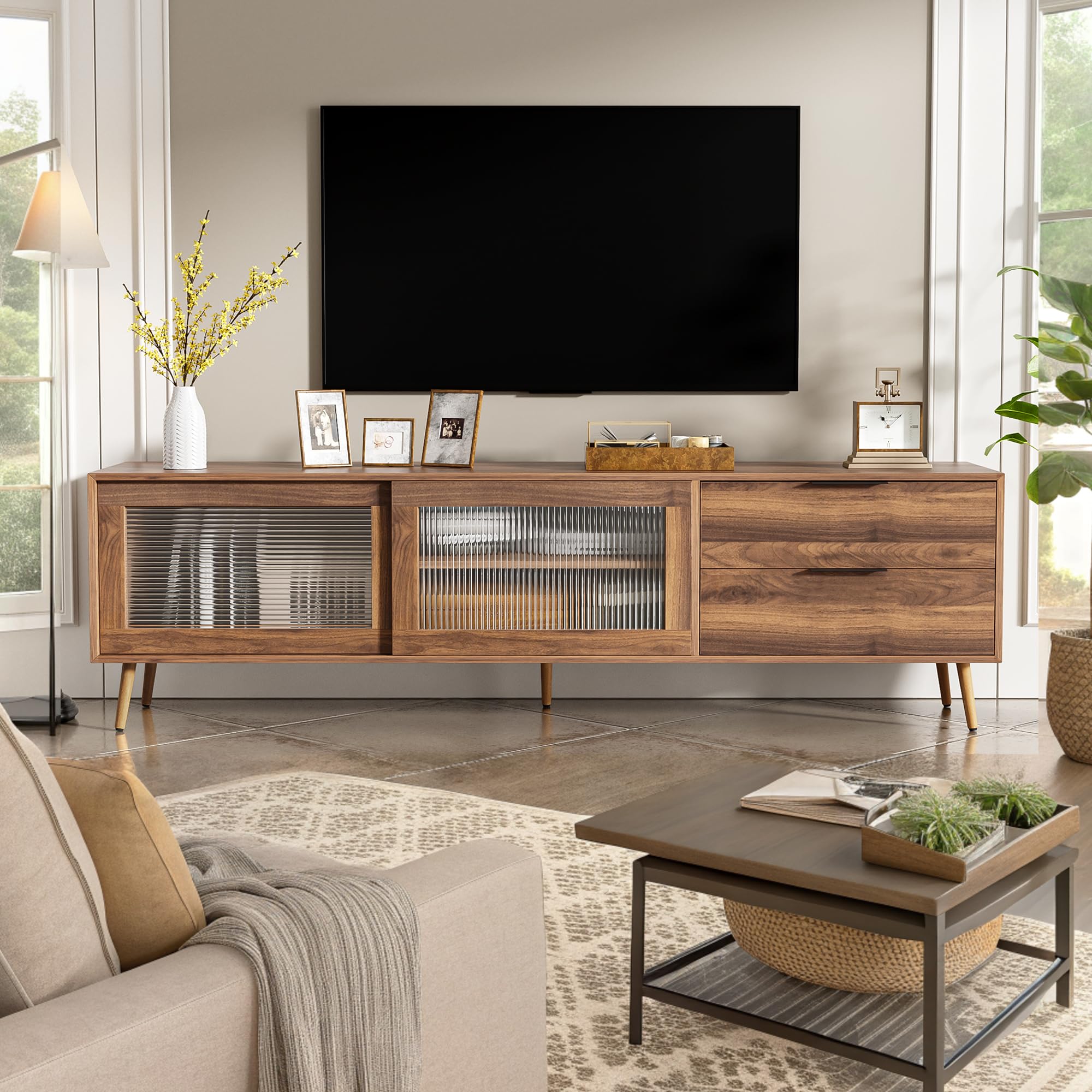 Merax Mid-Century TV Stand for TVs Up to 80", Modern Entertainment Center Unit with Fluted Glass Sliding Doors and 2 Drawers, 70" Long Media Console