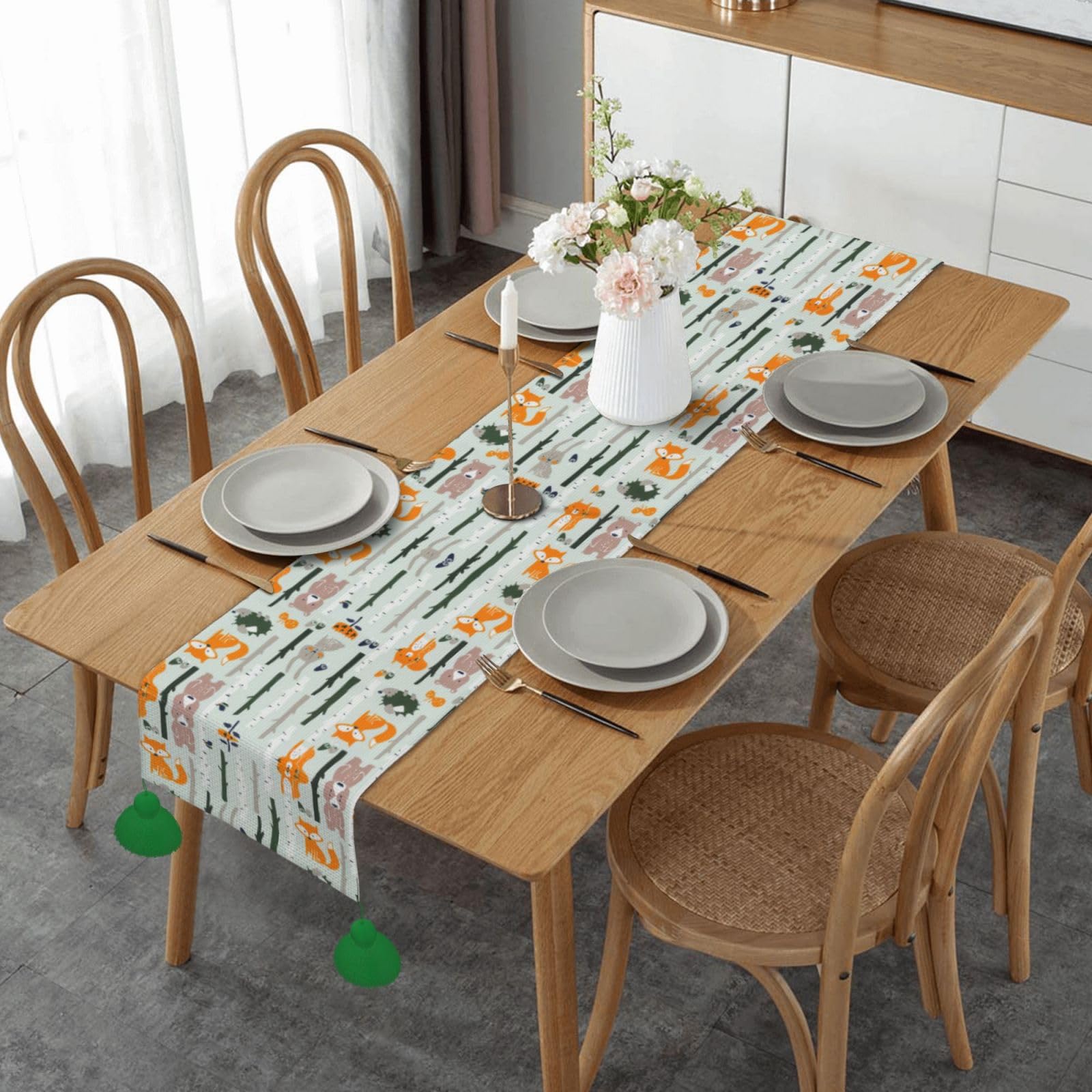 Chemin de table renard ours oiseaux lavable pour protéger table basse et table de cartes salon