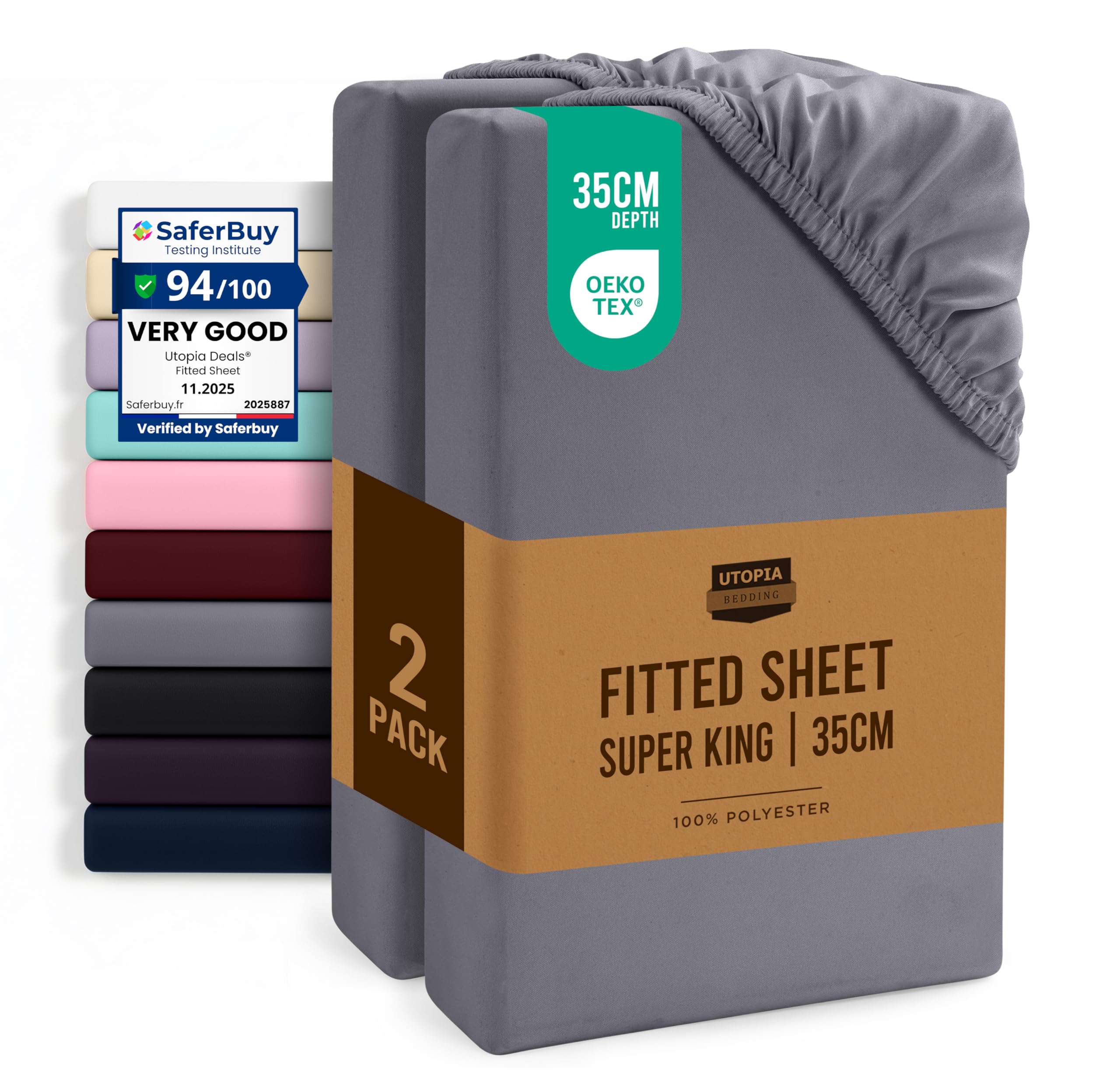 Utopia Bedding Fitted Sheet Super King (2 Pack), Grey - Deep Pocket 14 inch (35 cm) - Oeko Tex Certified - Easy Care - Soft Brushed Microfibre Fabric - Shrinkage and Fade Resistant - Bottom Sheet