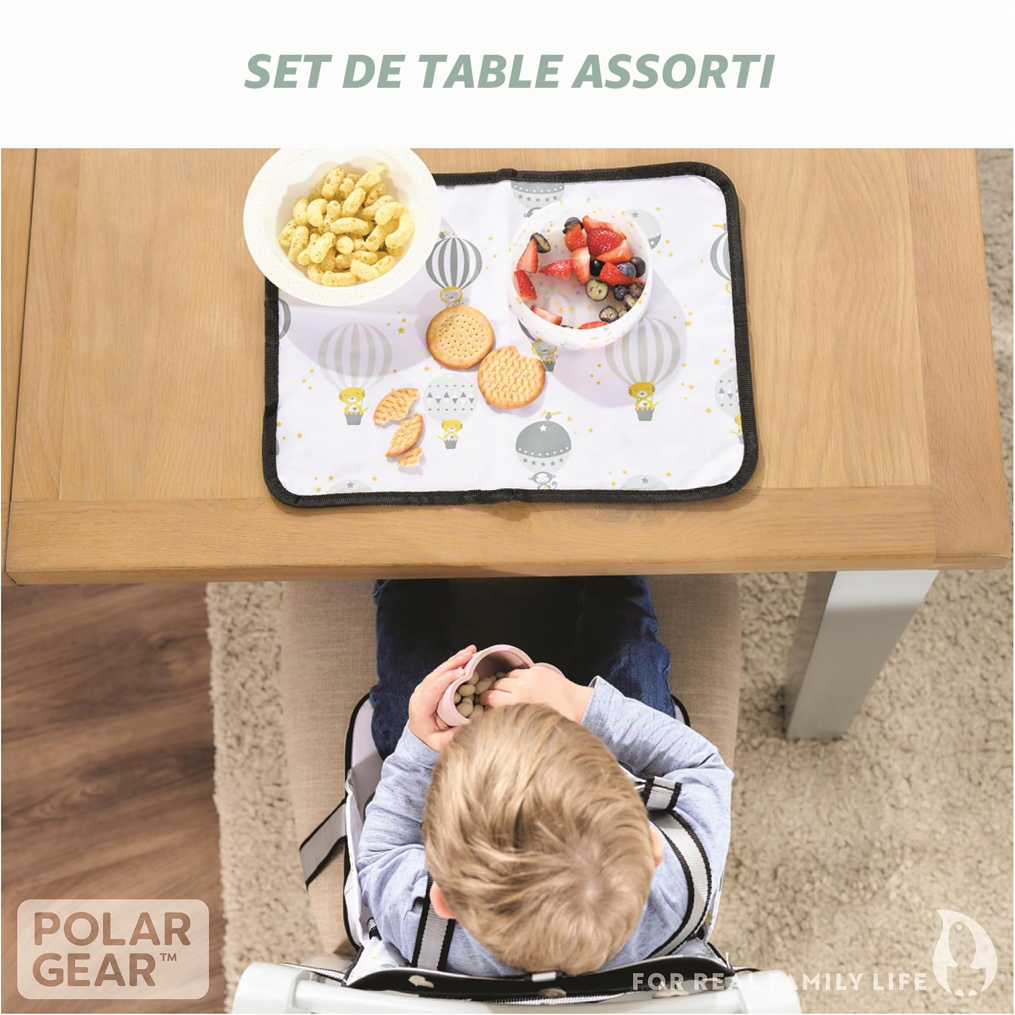 Polar Gear Chaise Alza avec napperon pour enfants, sans BPA, lavable, réutilisable et pliable, avec ceinture à 5 points