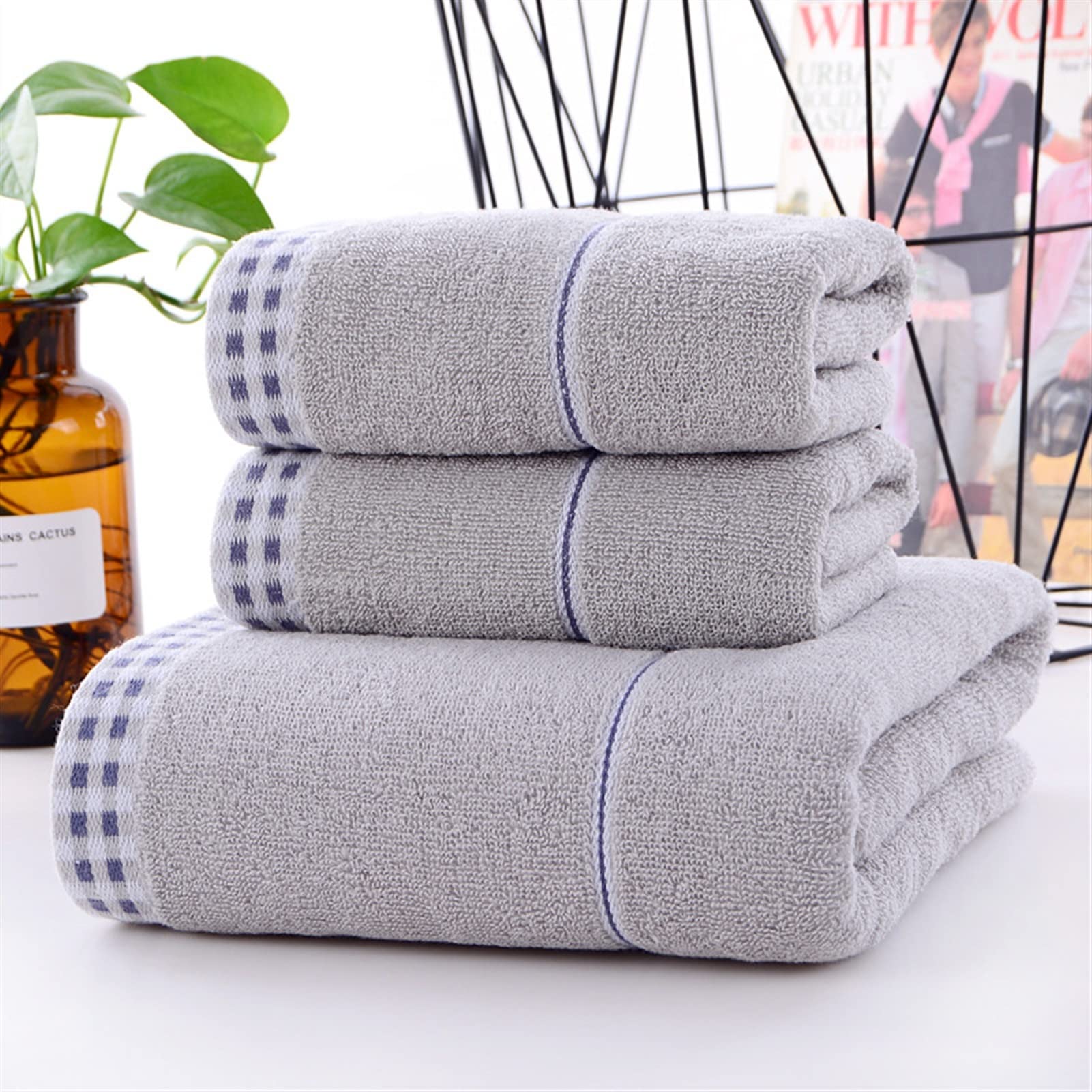 Cotton Bath Towel Set Grey Absorbent Towels Gift Solid Color Soft 35 X 75 Face Hand Towels 70
