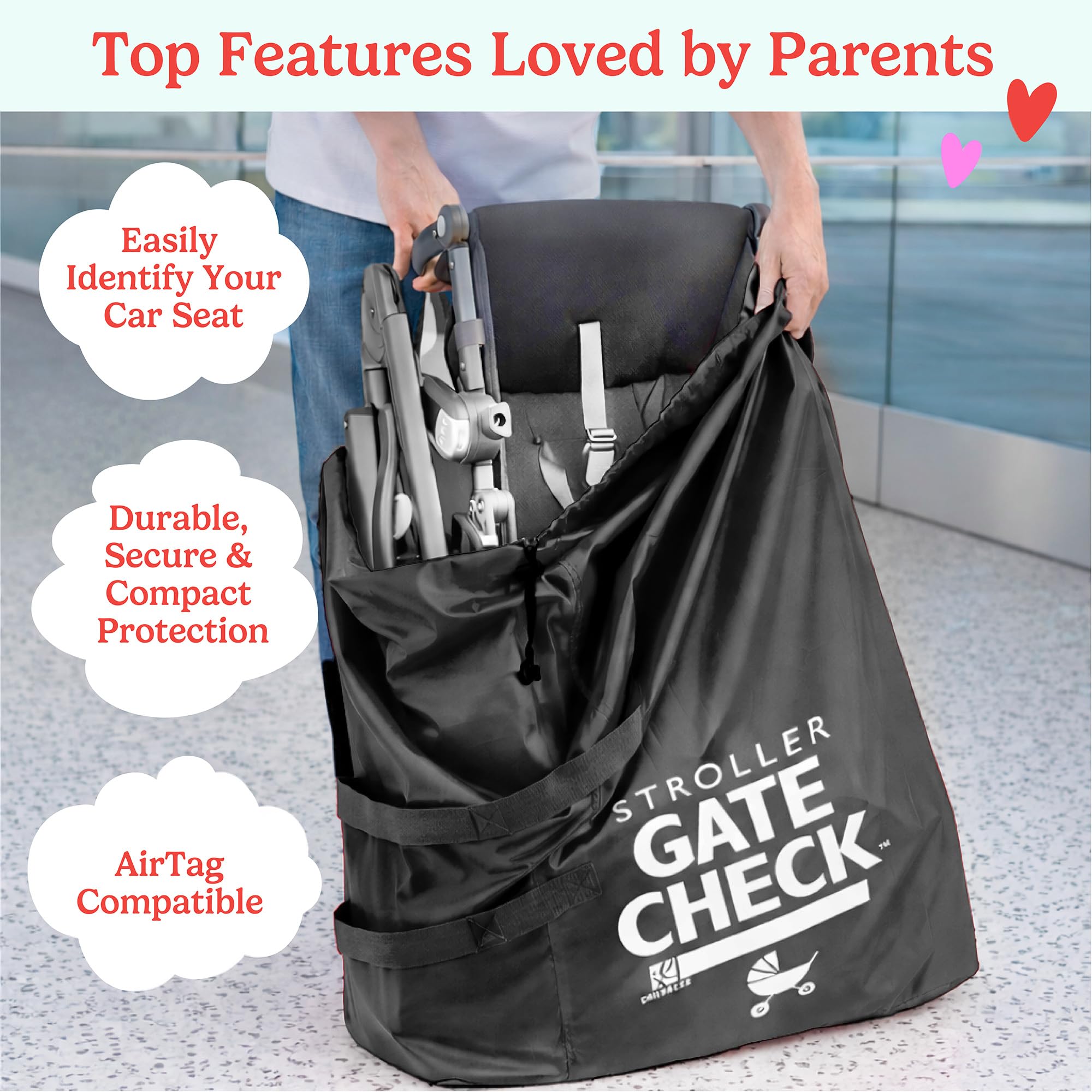 J.L. Childress Gate Check Sac pour poussettes Standard et Doubles – Sac de Voyage pour Poussette, Noir, Noir, Compacte