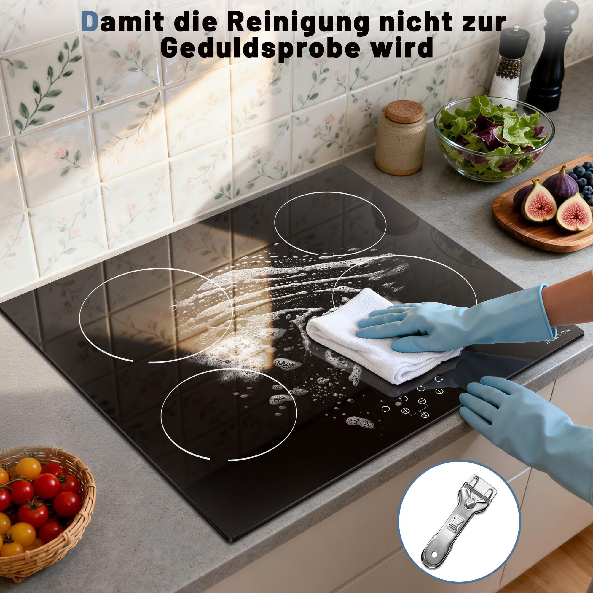 NOXTON Glaskeramikkochfeld 4 Platten 60 cm 9 Heizstufen Touch-Steuerung 220V-240V 6000W