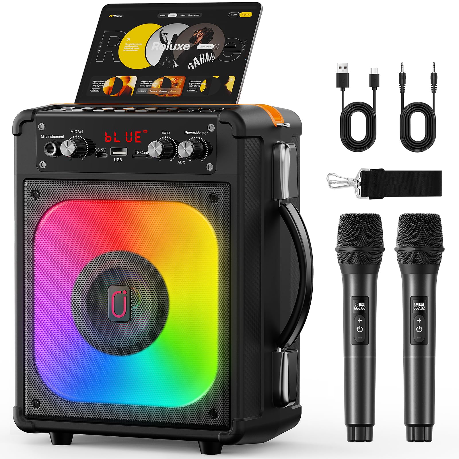 HWWR Enceinte Karaoke 2 Micro sans Fil, 60W Haut-Parleur Karaoke Complet avec Lumières de fête, Karaoke Adulte et Enfants, Portable Système Karaoké Support TWS/AUX/FM/USB/TF Carte