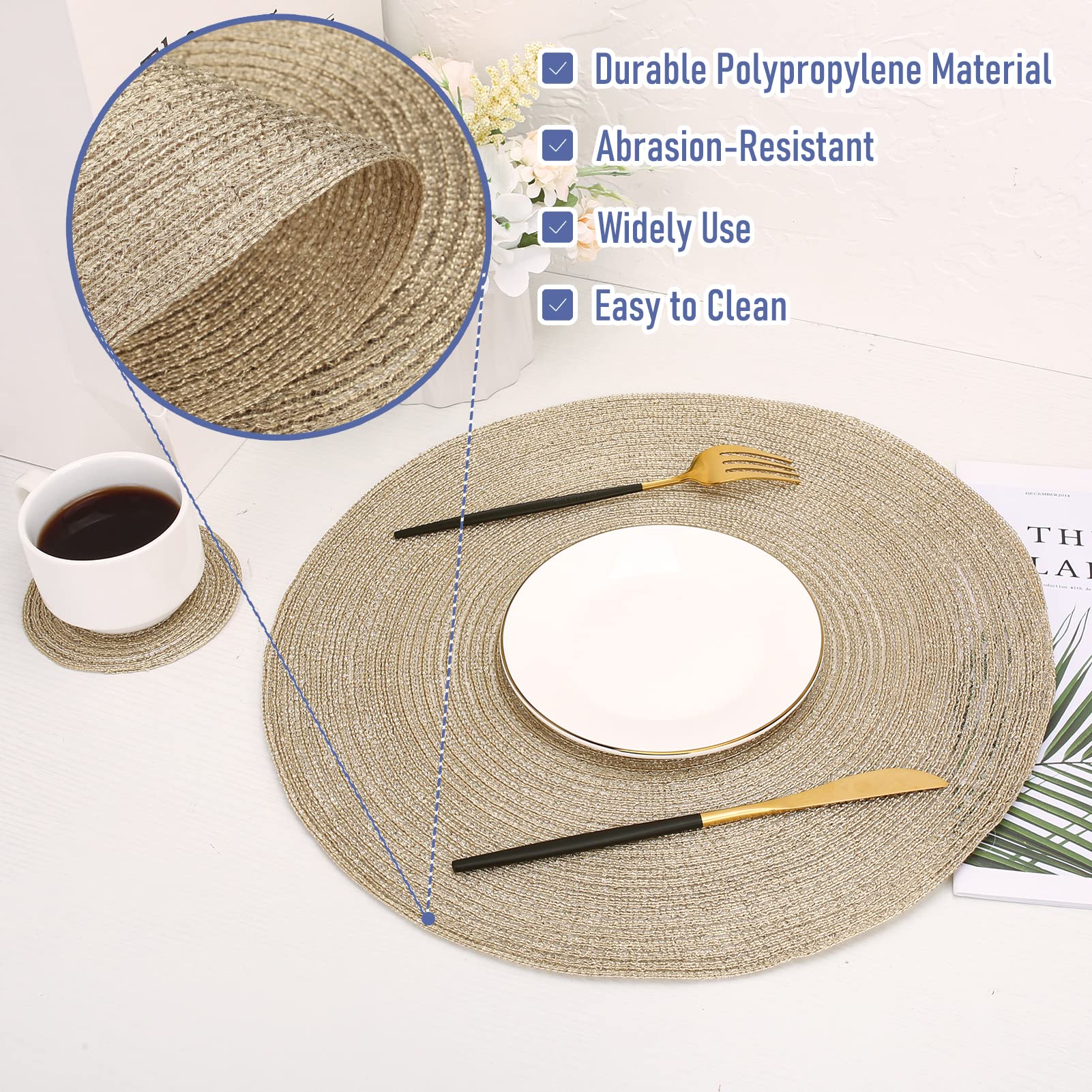 wiipara Round Woven Placemats Set of 6 Heat Resistant Round Braided Table Mats - Image 3