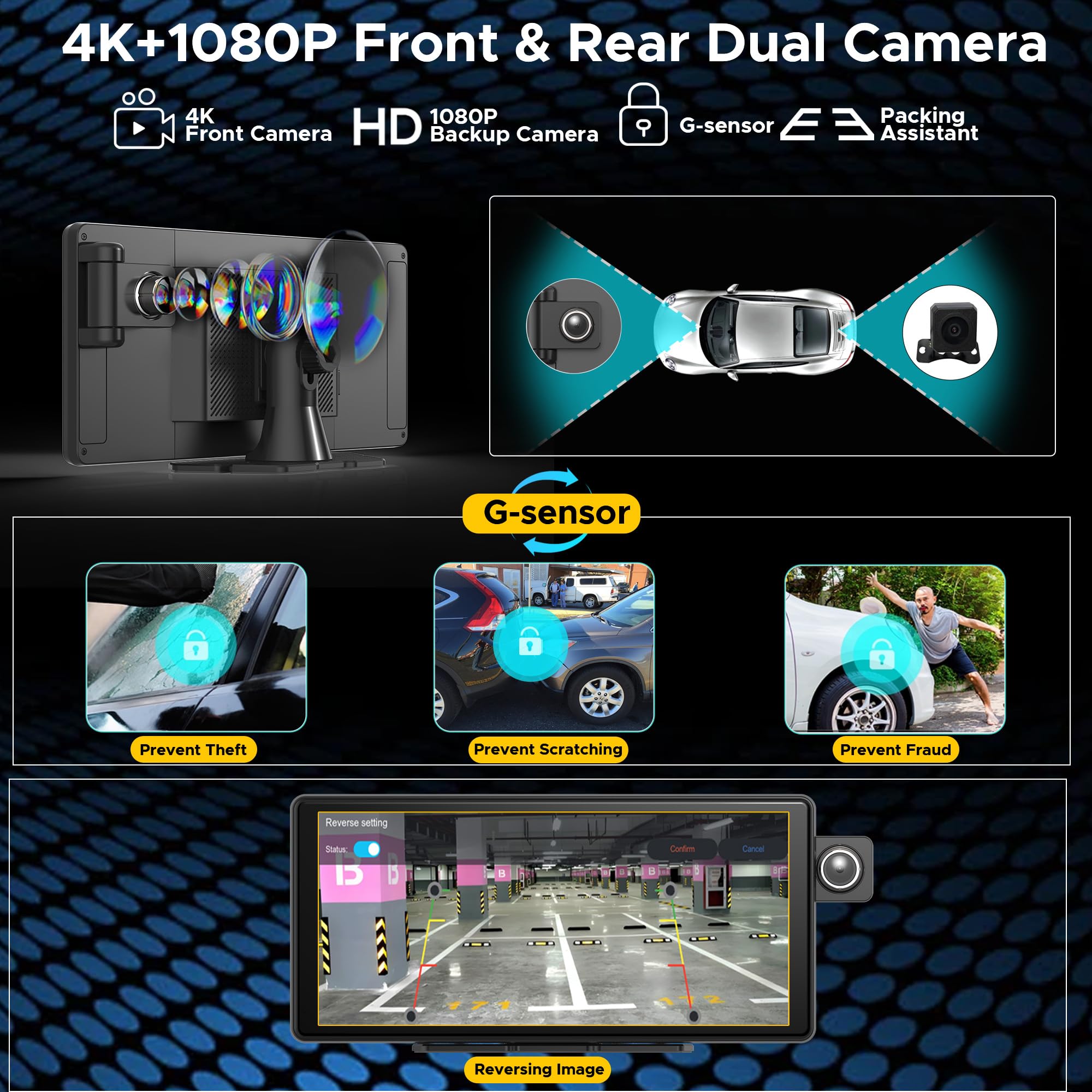 Autoradio 11.36" sans Fil Carplay Android Auto Airplay Caméra Dash Cam 4K avec Caméra de Recul,IPS Écran Tactile, Enregistrement en Boucle,Navigation GPS,Bluetooth,FM,AUX