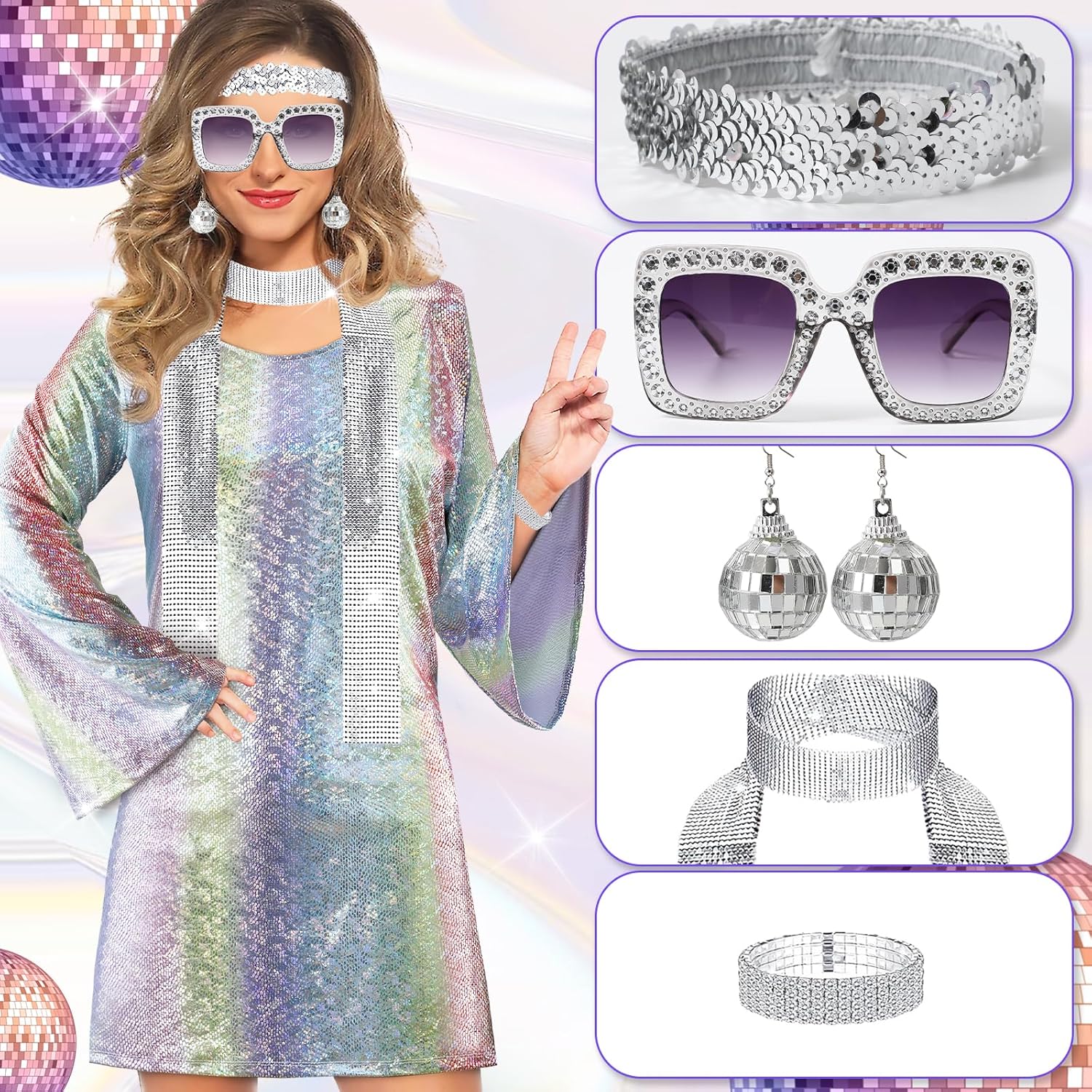 70s Disco Outfit Women, 70s Theme Disco Dress Costume Shiny Go Go Dress for Halloween Birthday Dance Party - Image 4
