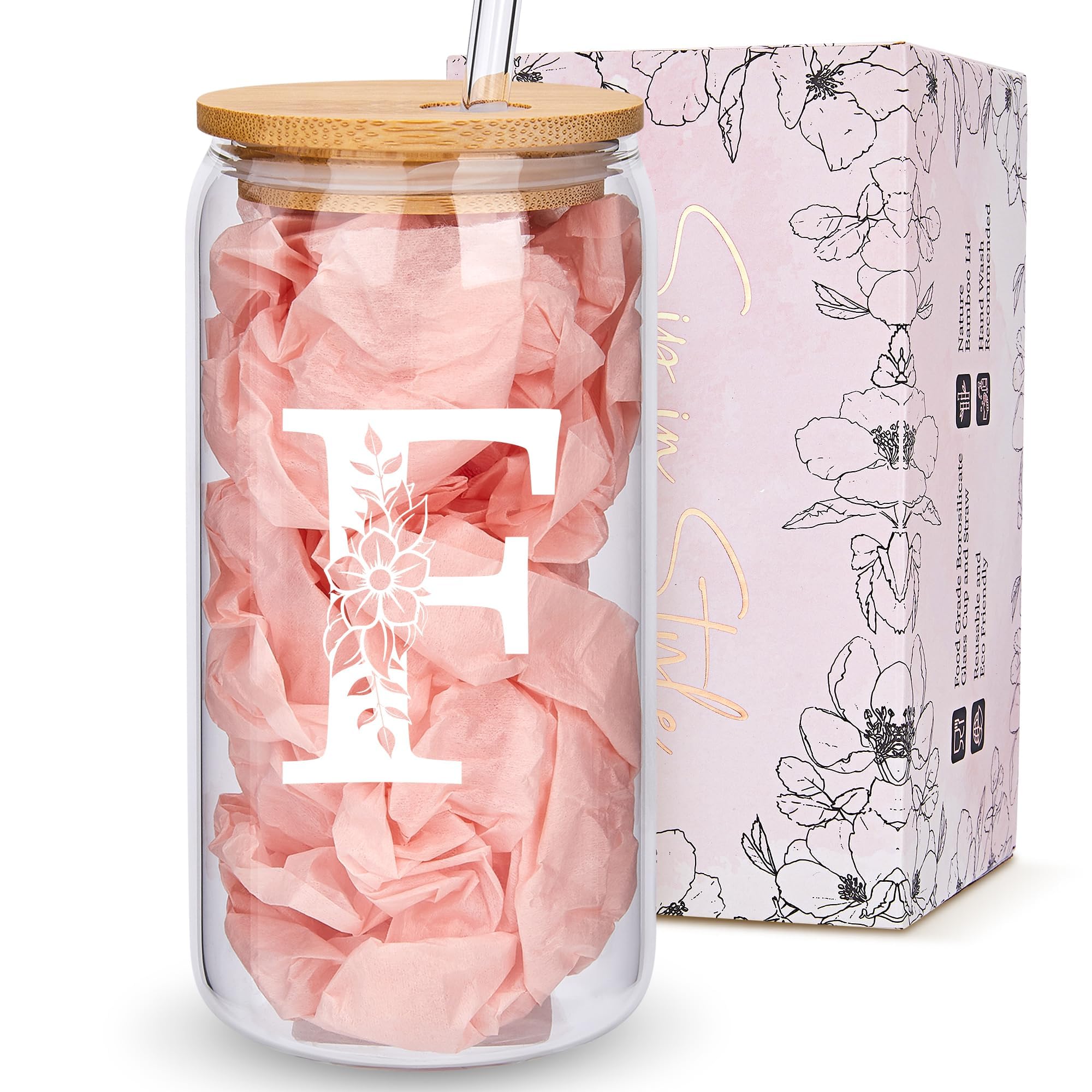 Personalized Gifts for Women, Monogrammed Glass Cups with Lids and Straws, Custom Tumbler, Cute Customized Mug, Aesthetic Stuff, Initial Iced Coffee