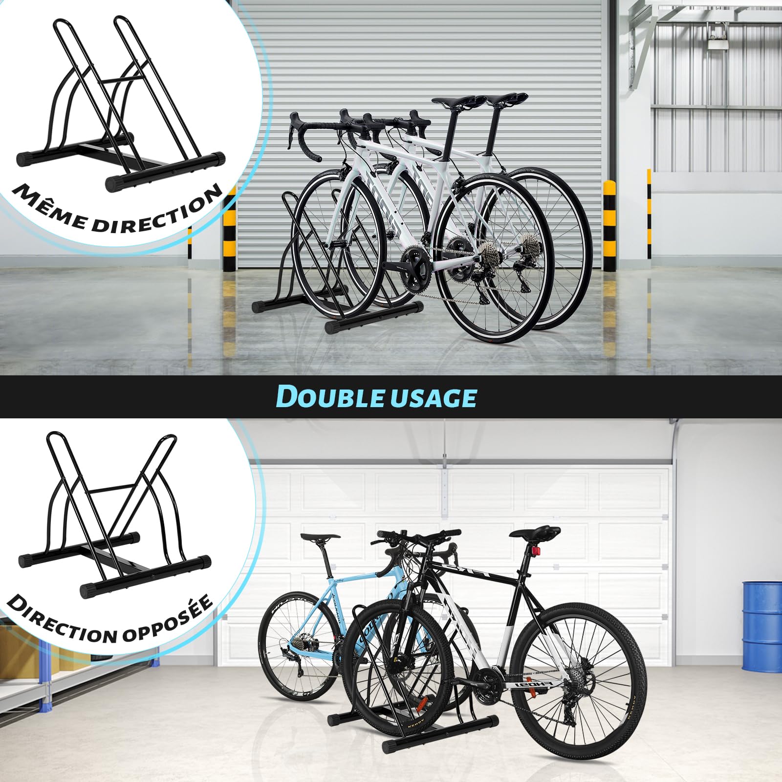 WOLTU Râtelier Vélo, Range Vélo pour 2 Bicyclettes, pour Pneu Max. 60mm, en Métal, pour Garage, Maison, Jardin, Noir