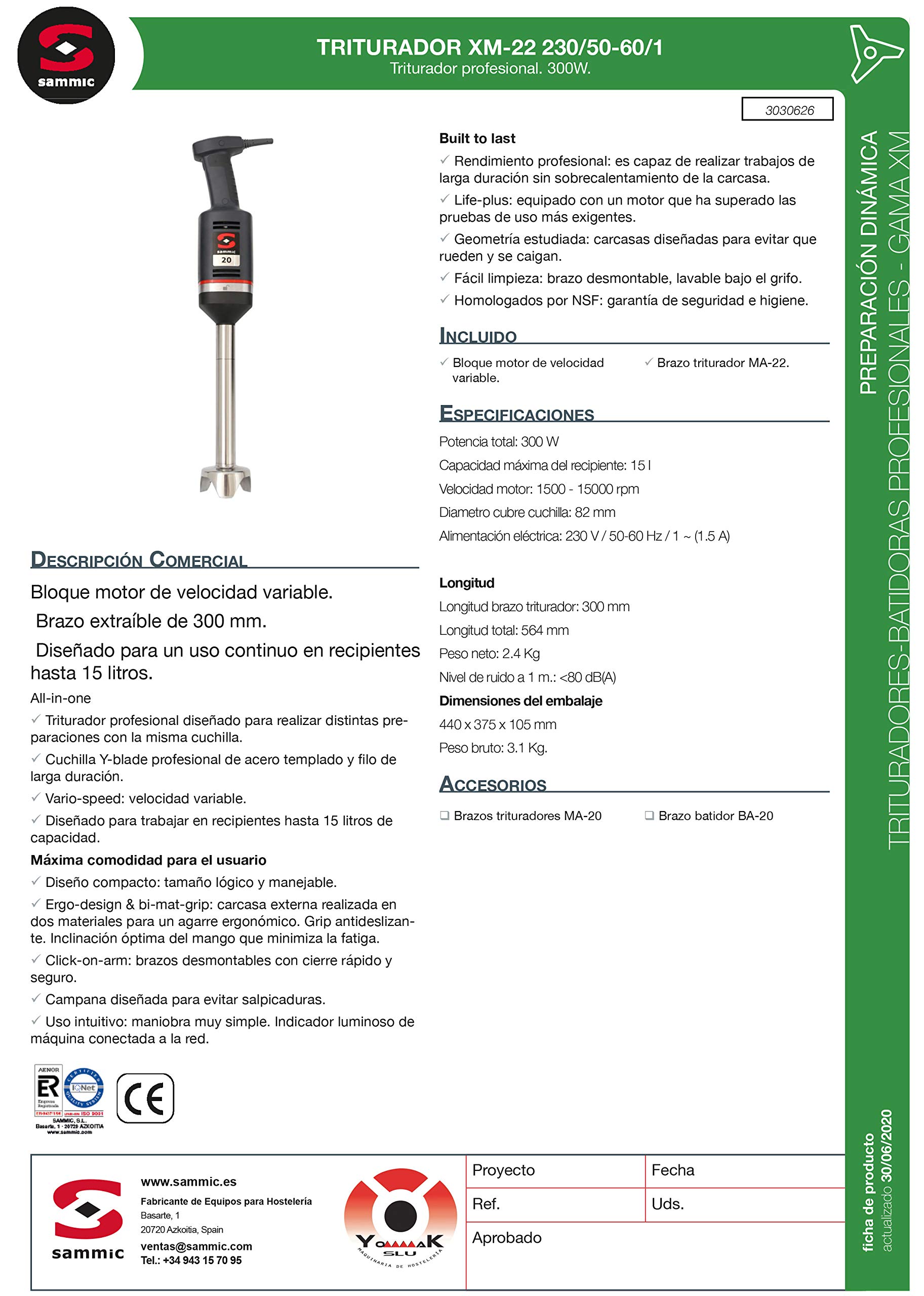 Sammic Triturador XM-22 Negro Corte Cruzado Manual para Uso Continuo en Papel