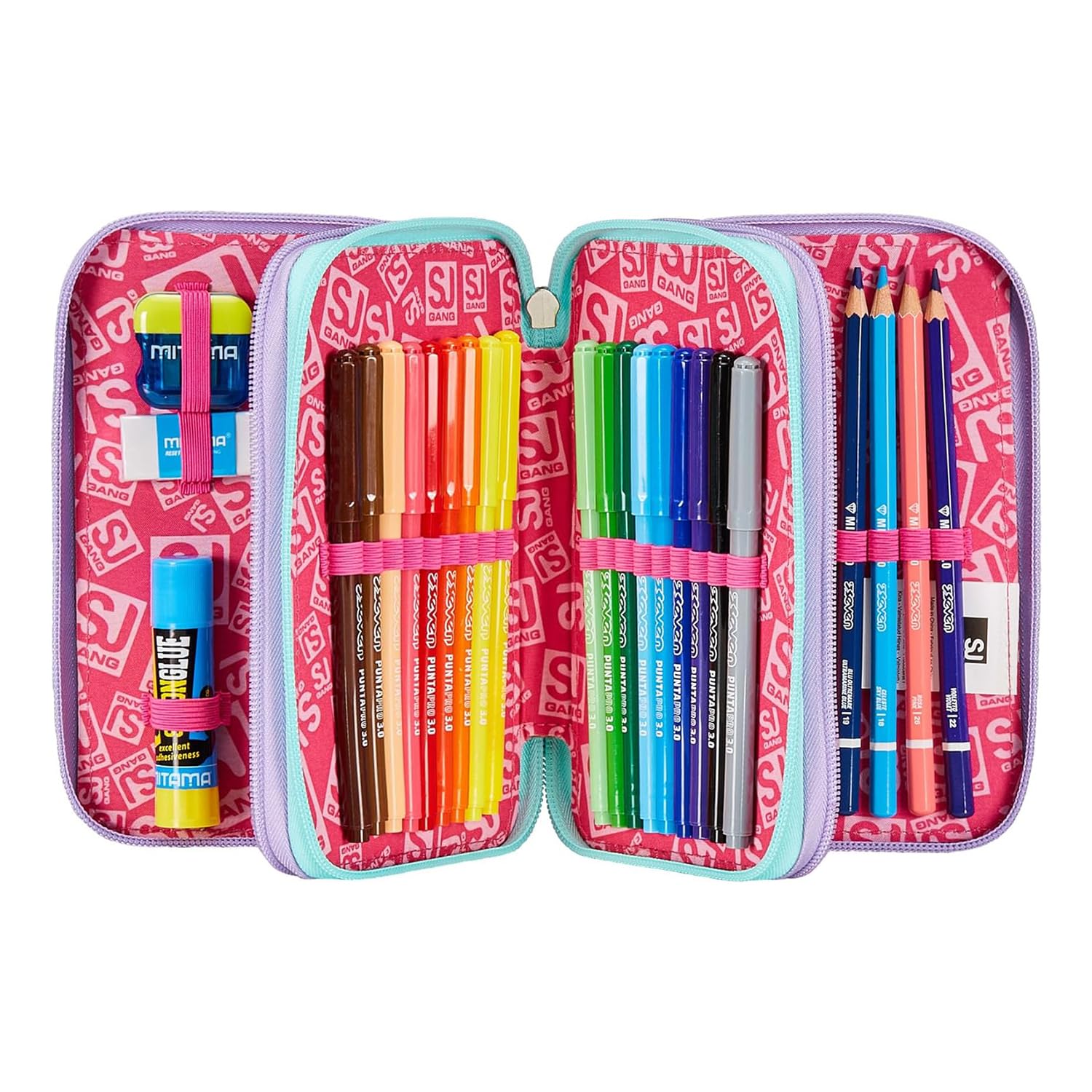 SJ Gang RhythmicSoul 3 Zip Pencil Case, Pink, Triple Pen Holder with Pens, Pencils, Colours, Backpack Accessories, Elementary - Image 2