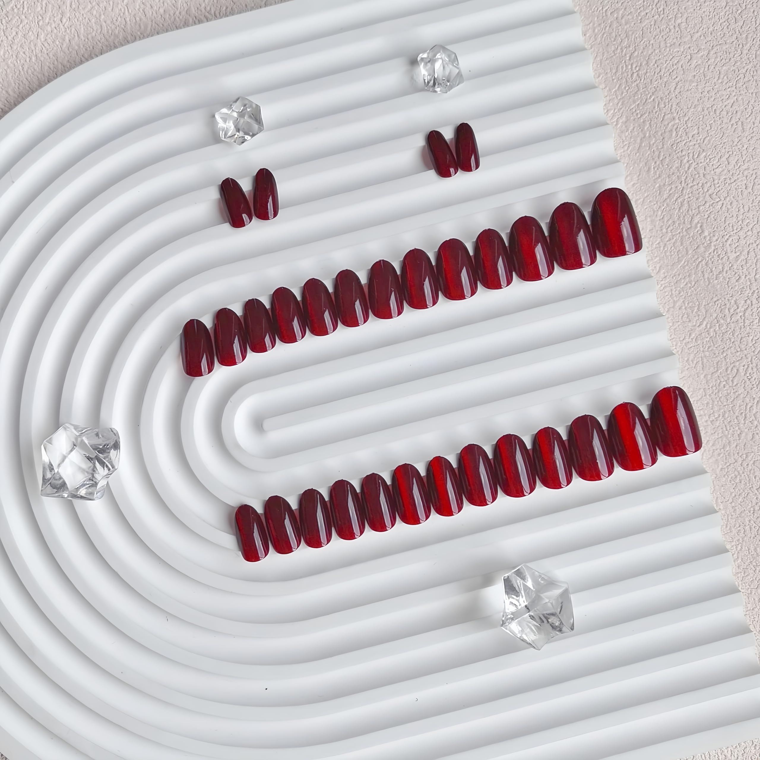 SXVME Soft Gel Press on Nails Extra Short Oval, 30 Pcs Dark Red Cat Eye False Nails Short Almond - Image 3