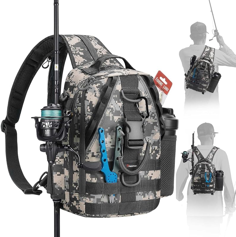 Piscifun Fishing Backpack, Rod Holders, Lightweight Sling Bag, Digital Camo | Fits 2x3600 trays, bottle pocket, MOLLE loops, 4-way carry for short bank fishing trips