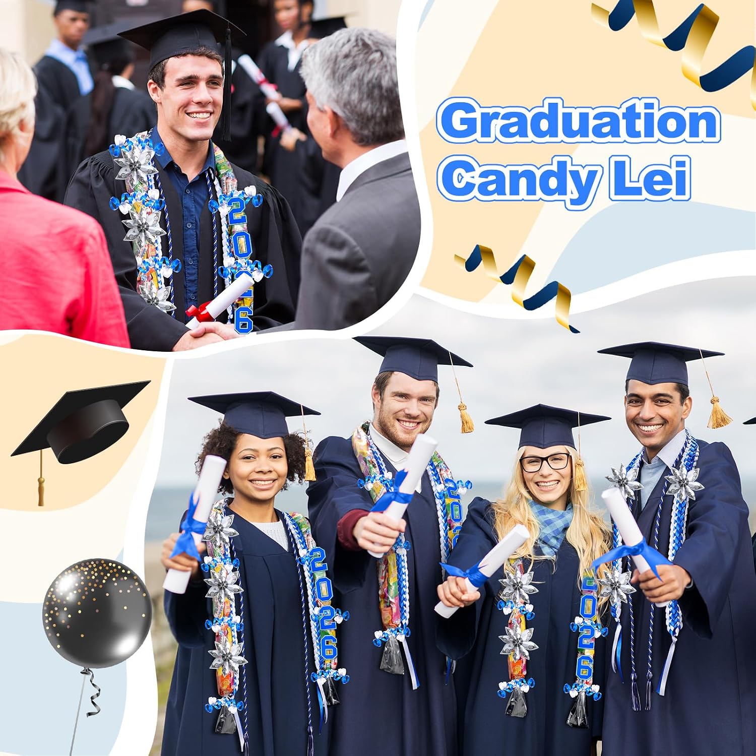 Spakon 13 Pcs Graduation Leis 2026 Graduation Candy Lei Kit Class of 2026 Ribbon Double Lei Necklace Party Accessories thumbnail