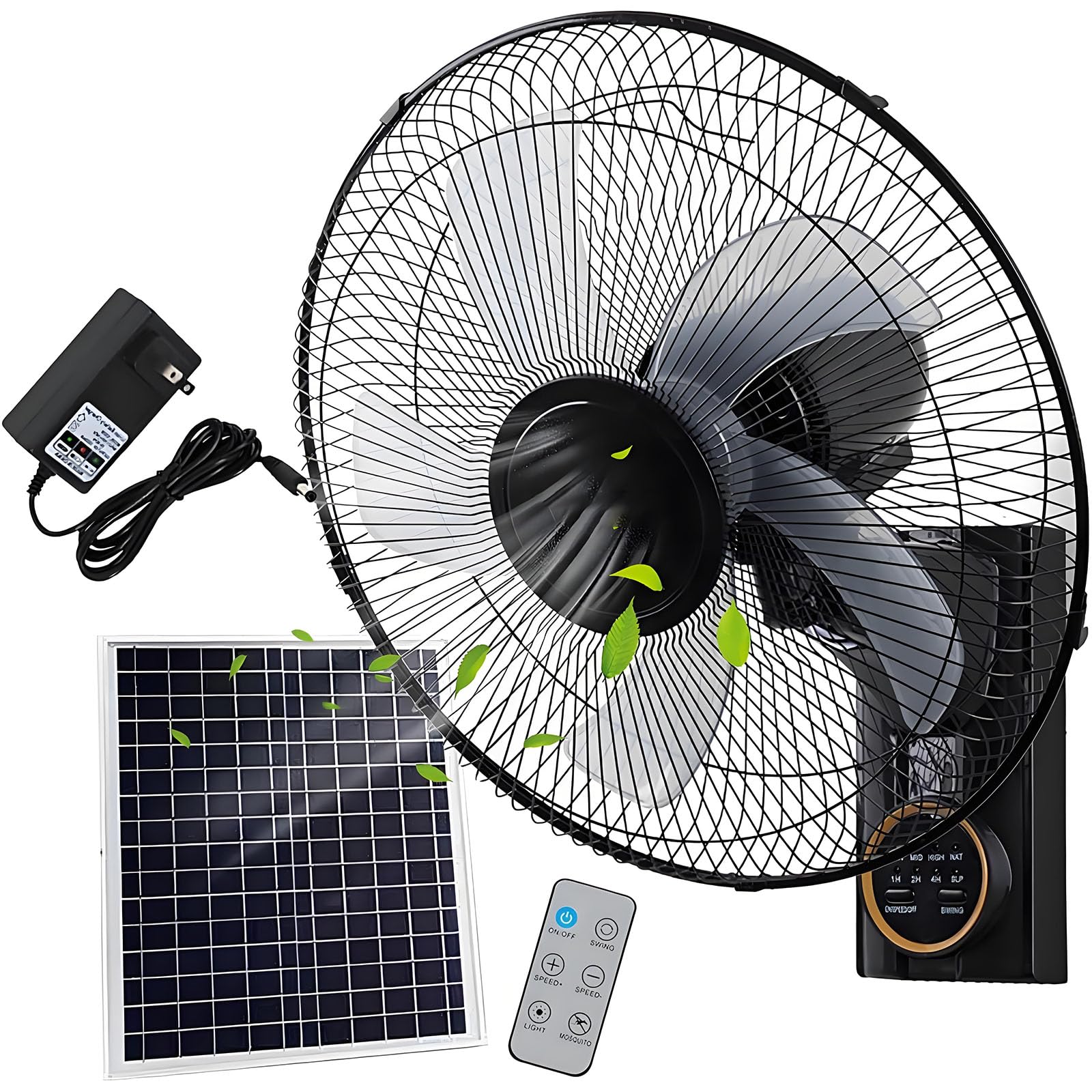 Ventilador solar de pared con mando a distancia, diseño oscilante, 5 aspas, 3 velocidades, inclinación ajustable de 90°, ideal para espacios al aire libre, garaje y gimnasio