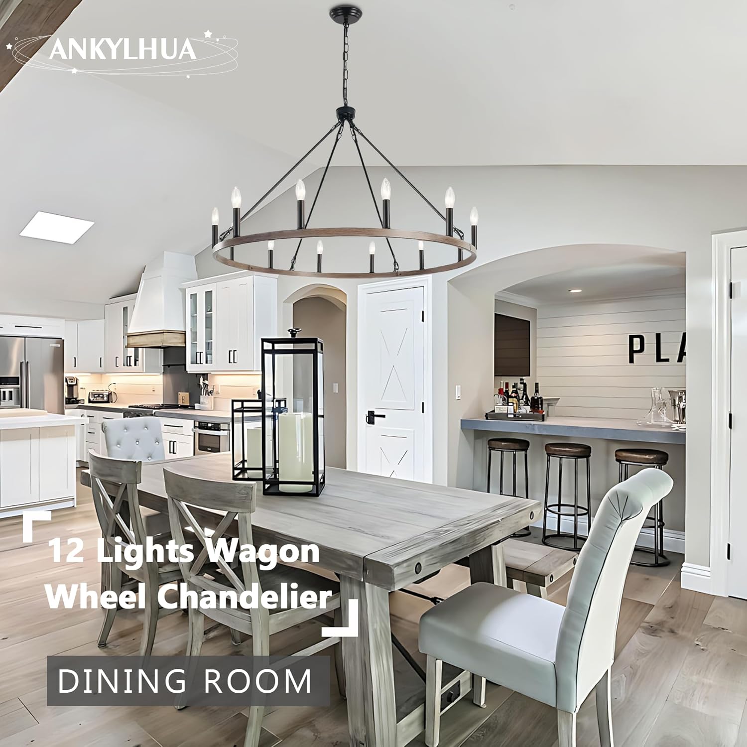 ANKYLHUA Wagon Wheel Chandelier-12 Light,38 Inch Chandeliers for Dining Room Light Fixture,Black and Metal Faux Wood Farmhouse Kitchen Light Fixtures for Living Room/Bedroom/Entryway