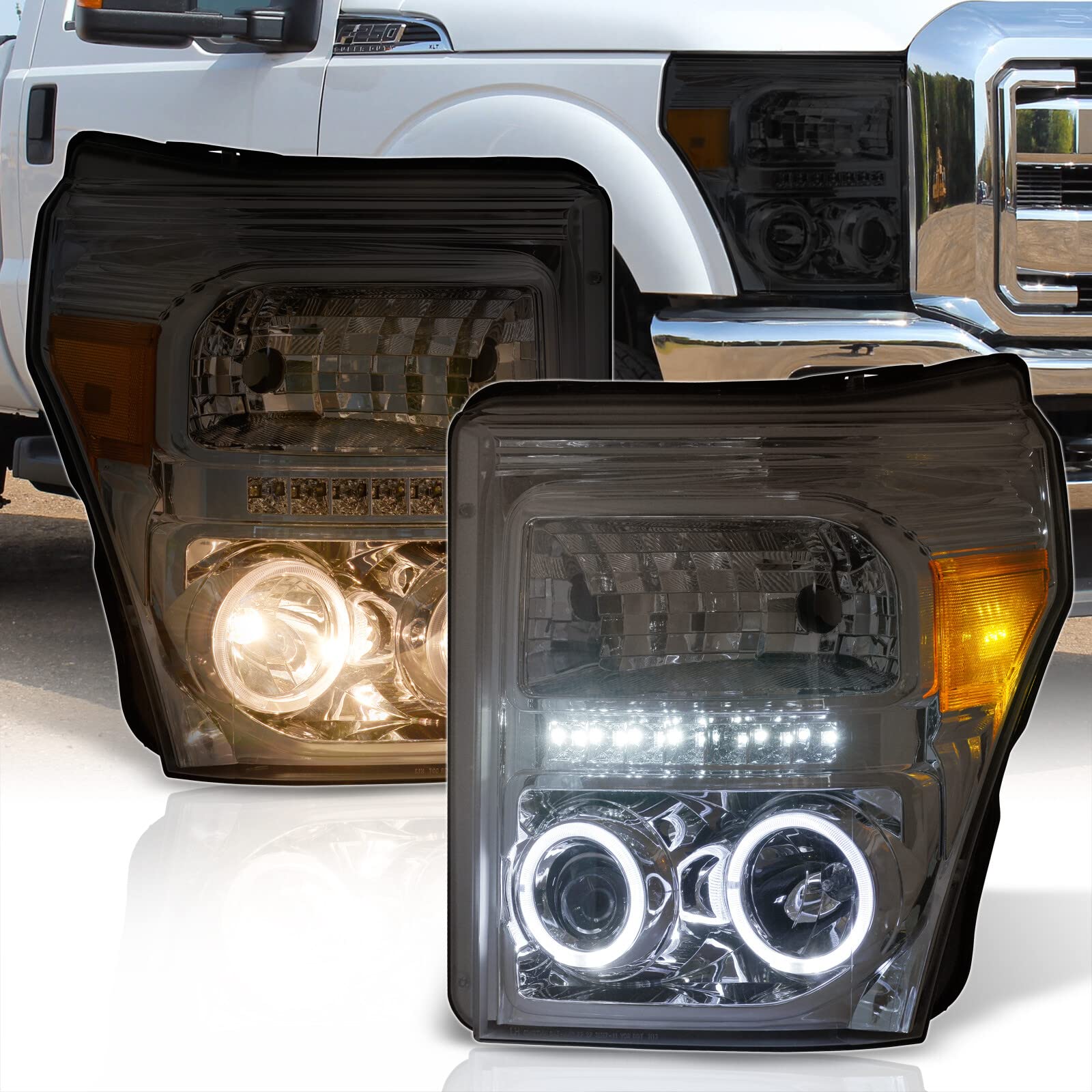 AJP Distributors Projector Dual Halo LED DRL Headlights Head Lights Lamps For Ford F250 F350 F450 Super Duty 2011 2012 2013 2014 2015 (Chrome Housing Smoke Lens Amber Reflector)