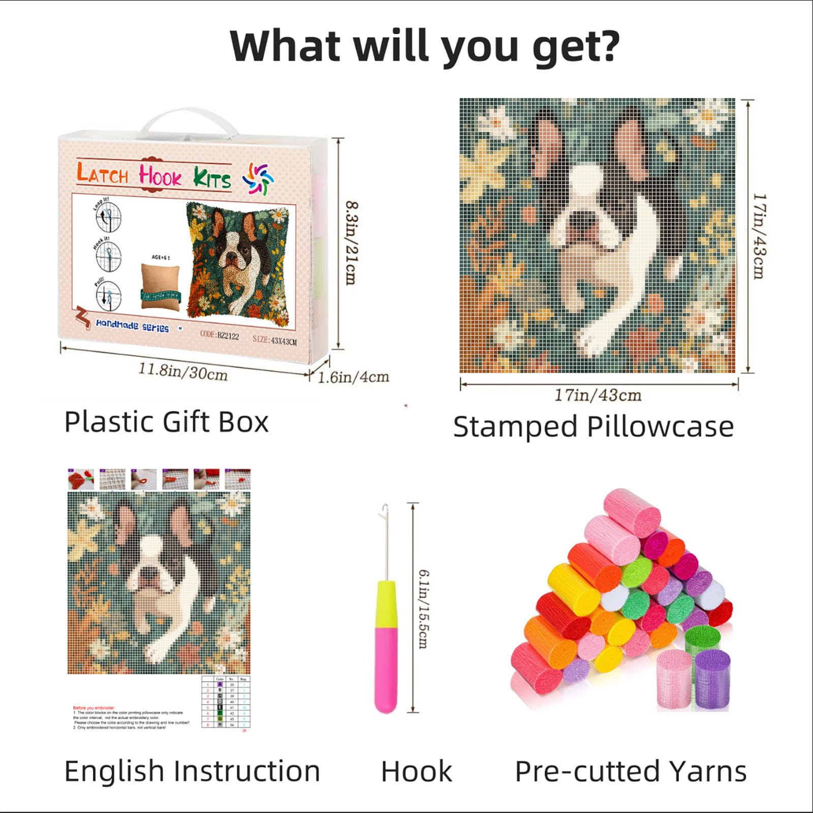 DIY Latch Hook Pillow Kits for Adults Cartoon Cute Boston Terrier Dog Running in Flower Printed Pillowcase Crochet Yarns Hooking Handmade Pillow Cover Cushion for Home Sofa Decoration 17x17inch(3)