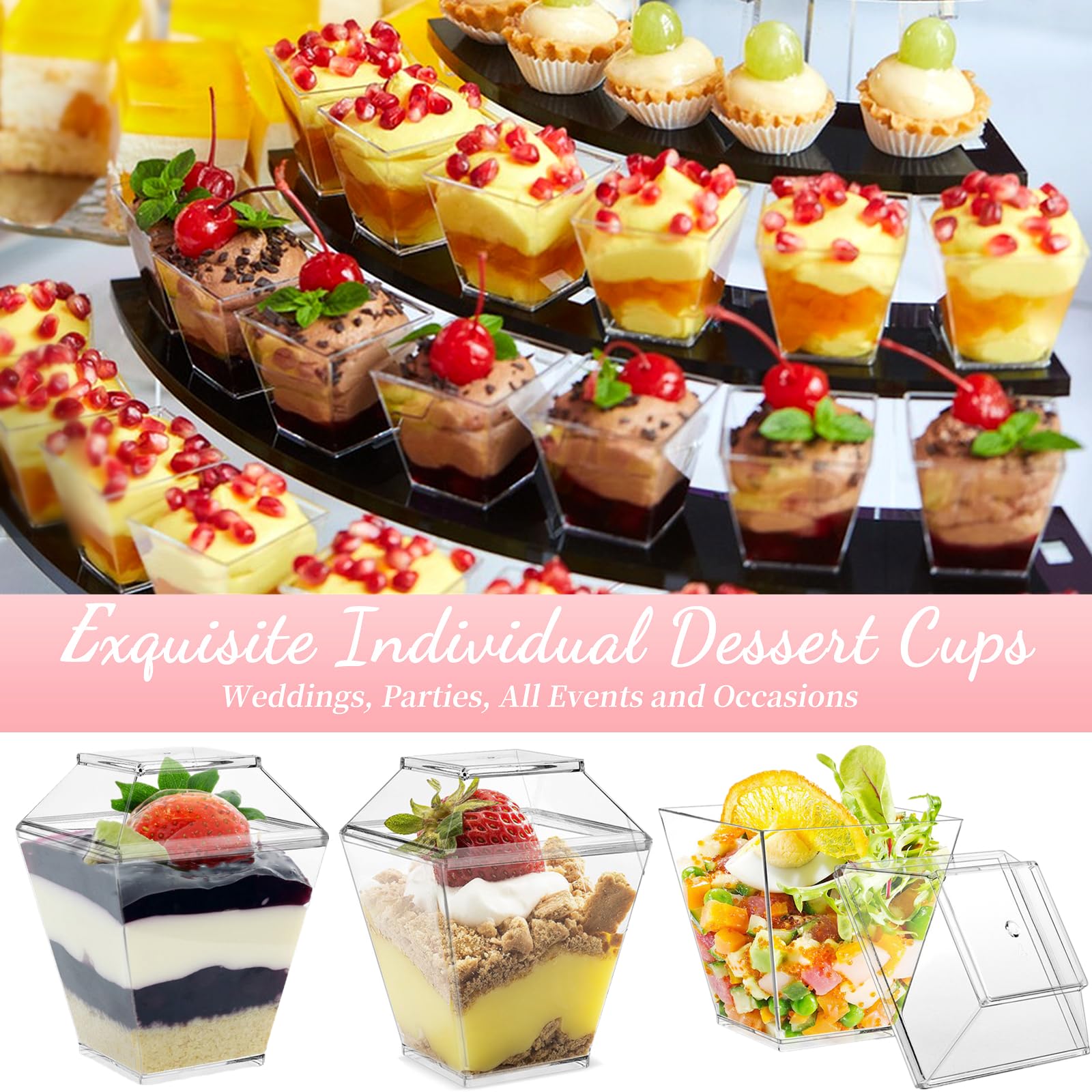 LSR LORESO 48 Pcs Mini Square Dessert Cups 3.5 Oz With Spoons | Clear Plastic Reusable Appetizer Cups