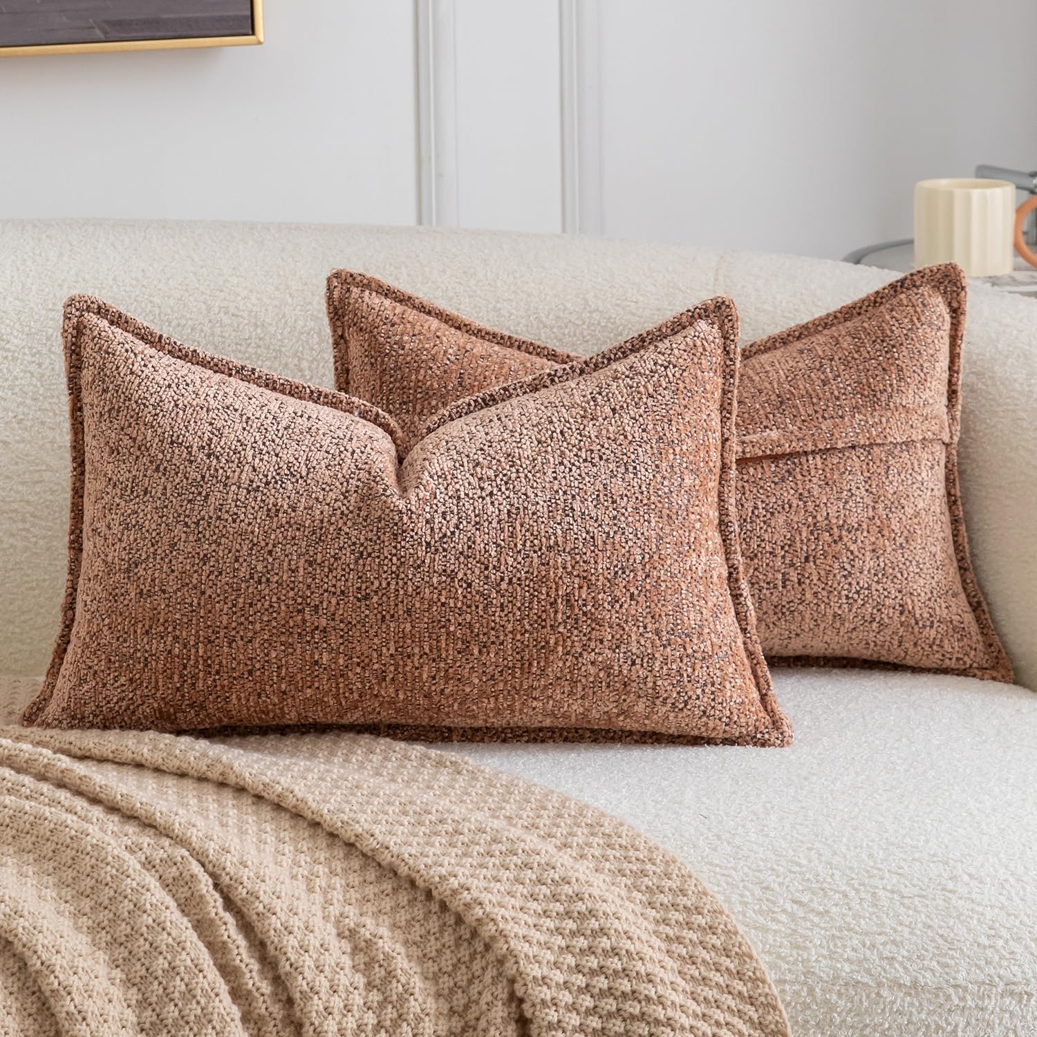 Madizz Pack of 2 Decorative Cushion Covers Boho Soft Textured Chenille Throw Pillows Solid Pillow Covers for Couch Sofa Bedroom Living Room 30x50 CM, Bronze