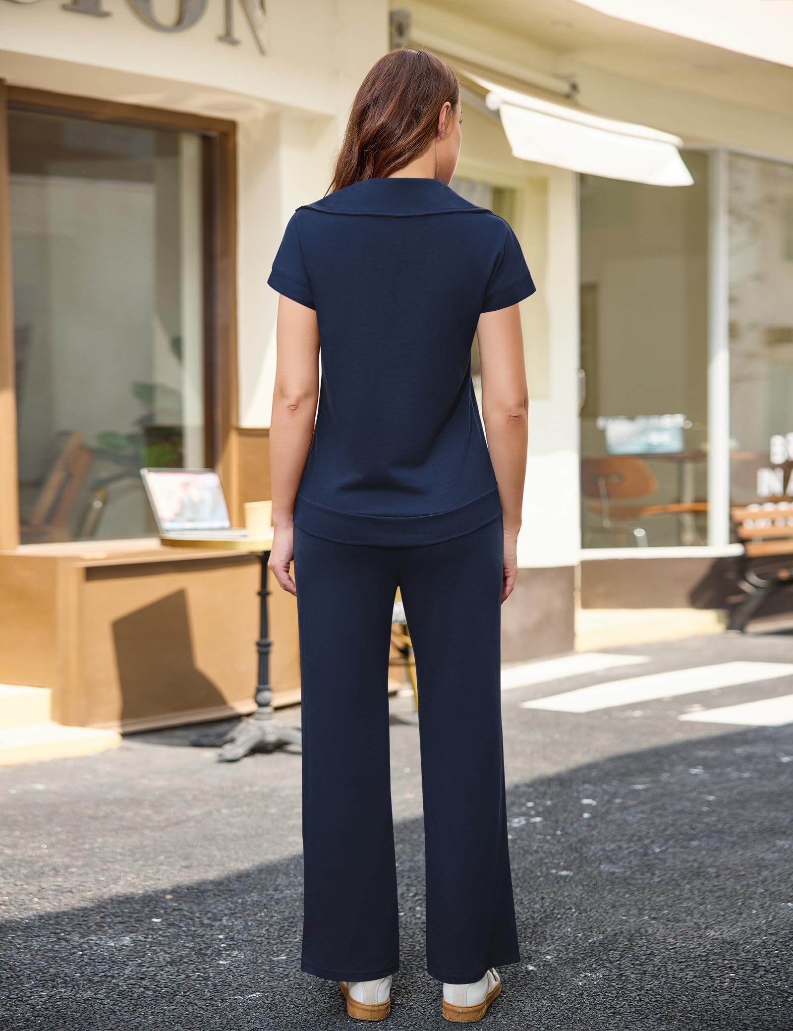 Aottori Survêtement Femme Sport 2 Pièces Ensemble de Sport Jogging Manches Courtes Pantalon de Sport Décontracté Yoga Fitness Zippé Poches Chic Élégant - 3