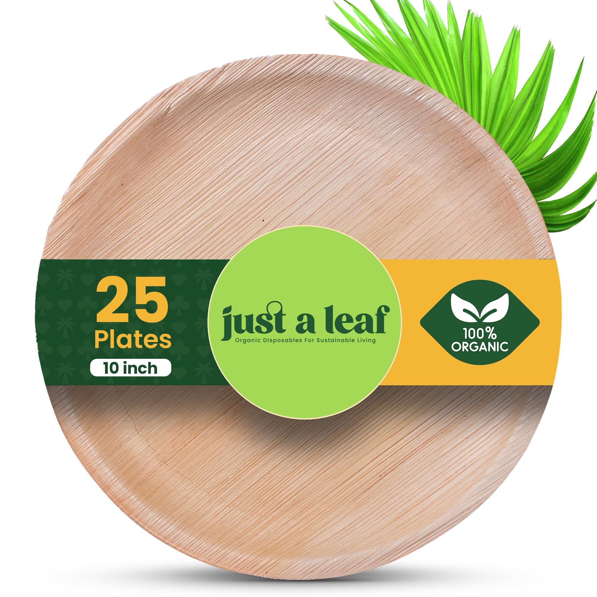 [10 Inch, Pack of 25 Round Organic Disposable Plates | Palm Leaf 100% Natural, Eco-Friendly Biodegradable & Bamboo Wood Plates for Wedding, Events, Parties & Picnic Plate (Size - 25.4Cm)