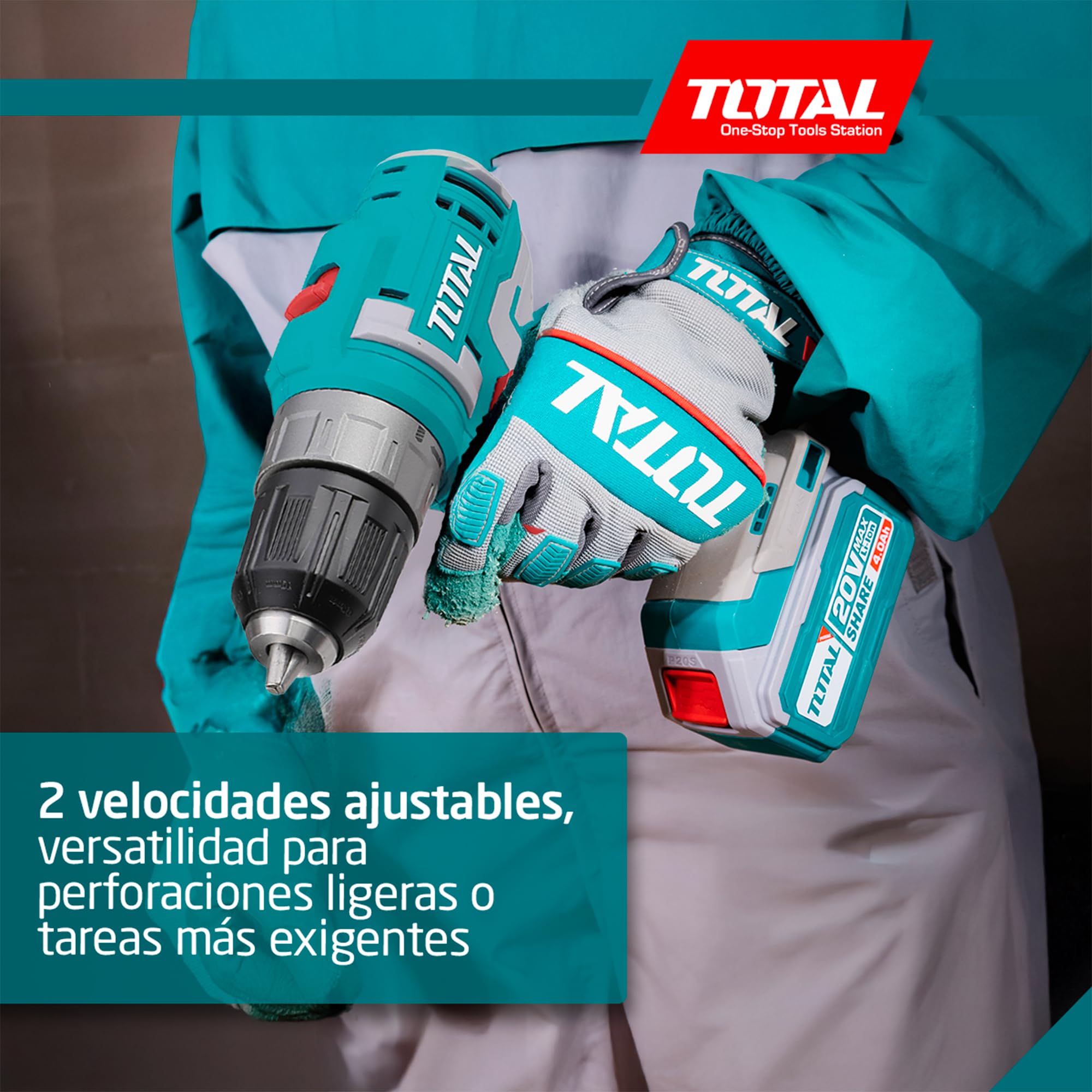 TOTAL - Taladro Atornillador a Batería - 20V - incluye una Batería de 2 Ah y cargador - Portabrocas con Autobloqueo - Máximo Par 45 Nm - Ideal para Bricolaje y Proyectos en Casa - Azul