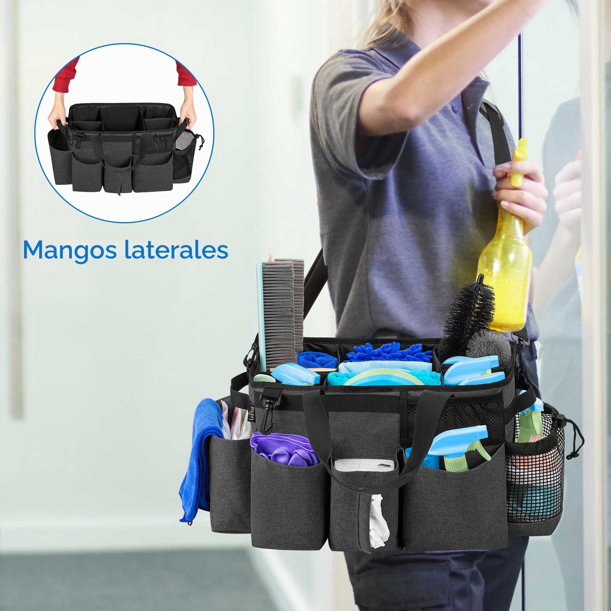 LoDrid Bolsa organizadora de artículos de limpieza, negra | Organizador portátil de artículos de limpieza con asas laterales y correa para el hombro (solo la bolsa)