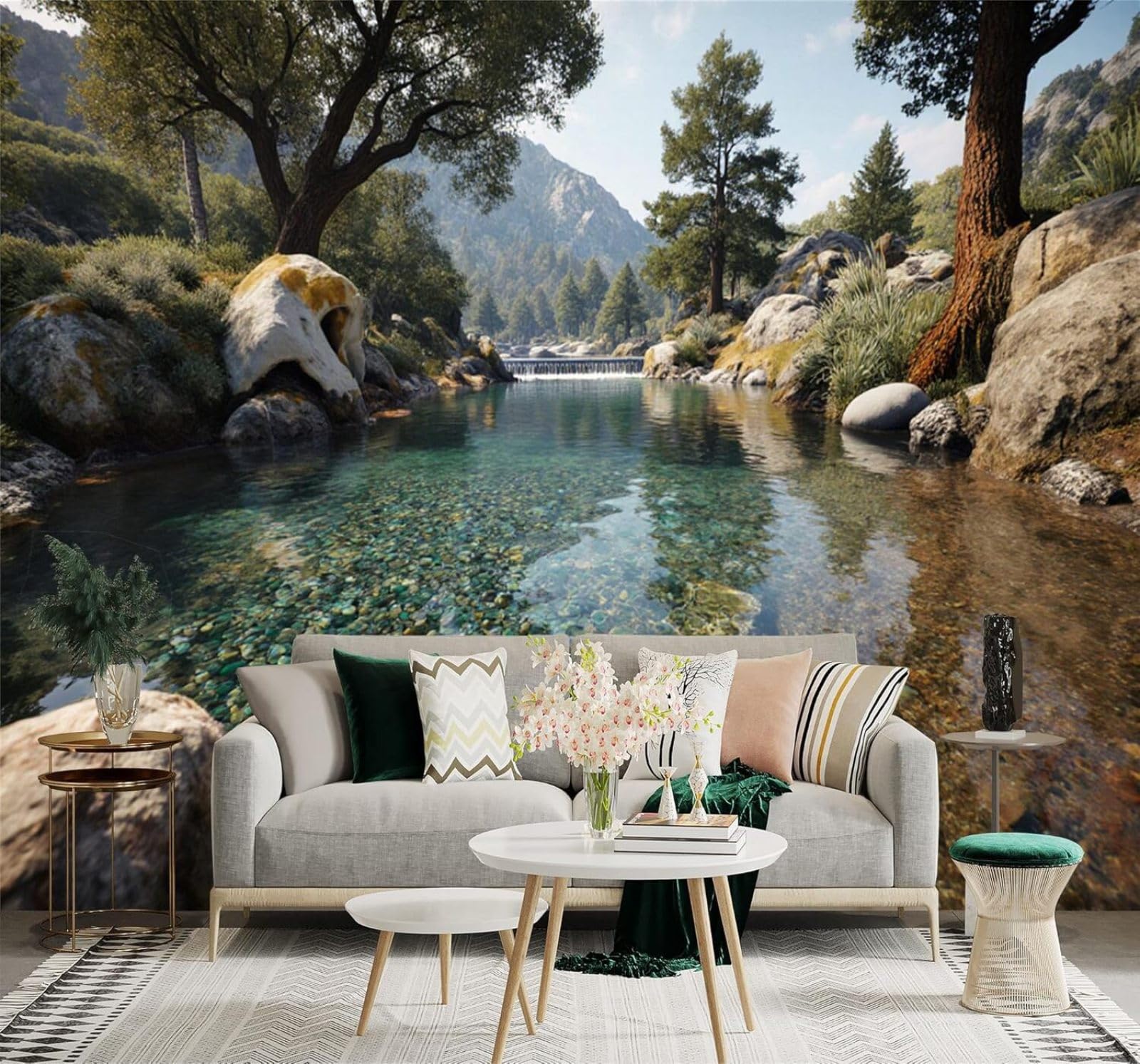 XLMING Clear River Trees Rocks Waterfall Scenery 3D Wallpaper Silky Texture Home Study Office Grey Dining Room Sofa Bedroom Living Room TV Backdrop-250cm×170cm