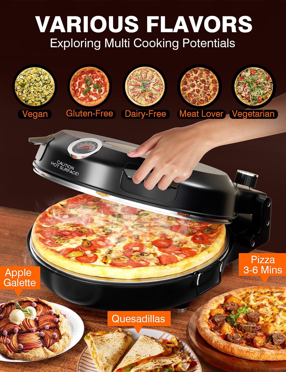 Forno Elettrico per Pizza da 1200 W, Forno per Pizza da Interno da 12 Pollici con Pietra per Pizza e teglia per griglia, termometri integrati, Timer, Finestra di visualiz,