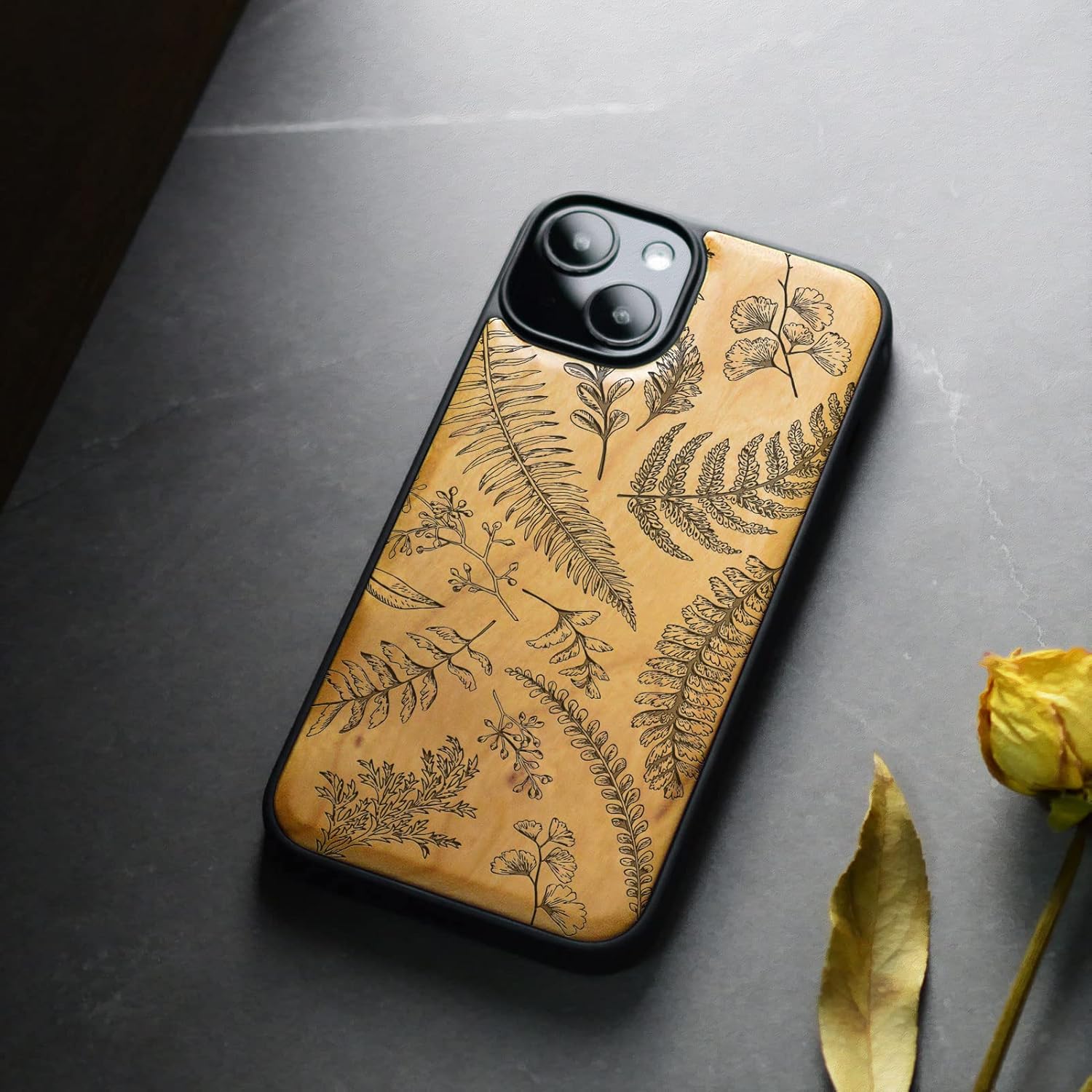 Carveit Magnetic Wood Case for iPhone 14 Case [Natural Wood & Black Soft TPU] Shockproof Protective Cover Unique Wooden Case Compatible with magsafe (Fern Leaves & Herbs -Cherry)