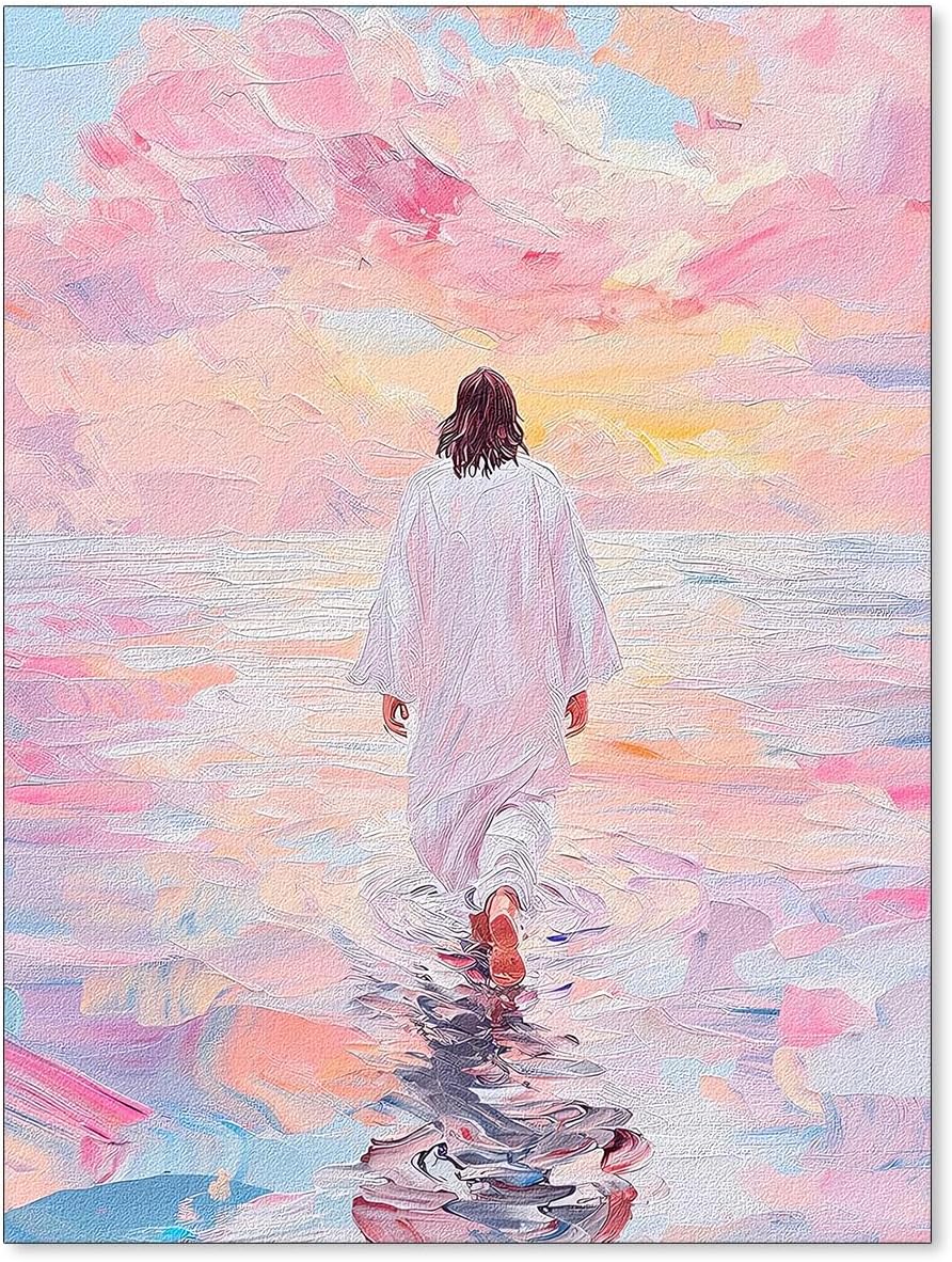 Jesus Walking On Water Pink Wall Art Religious Christian Oil Painting Canvas Poster Modern Aesthetic Artwork Decor for Bedroom Prayer Room Church 08x10 inch Unframed