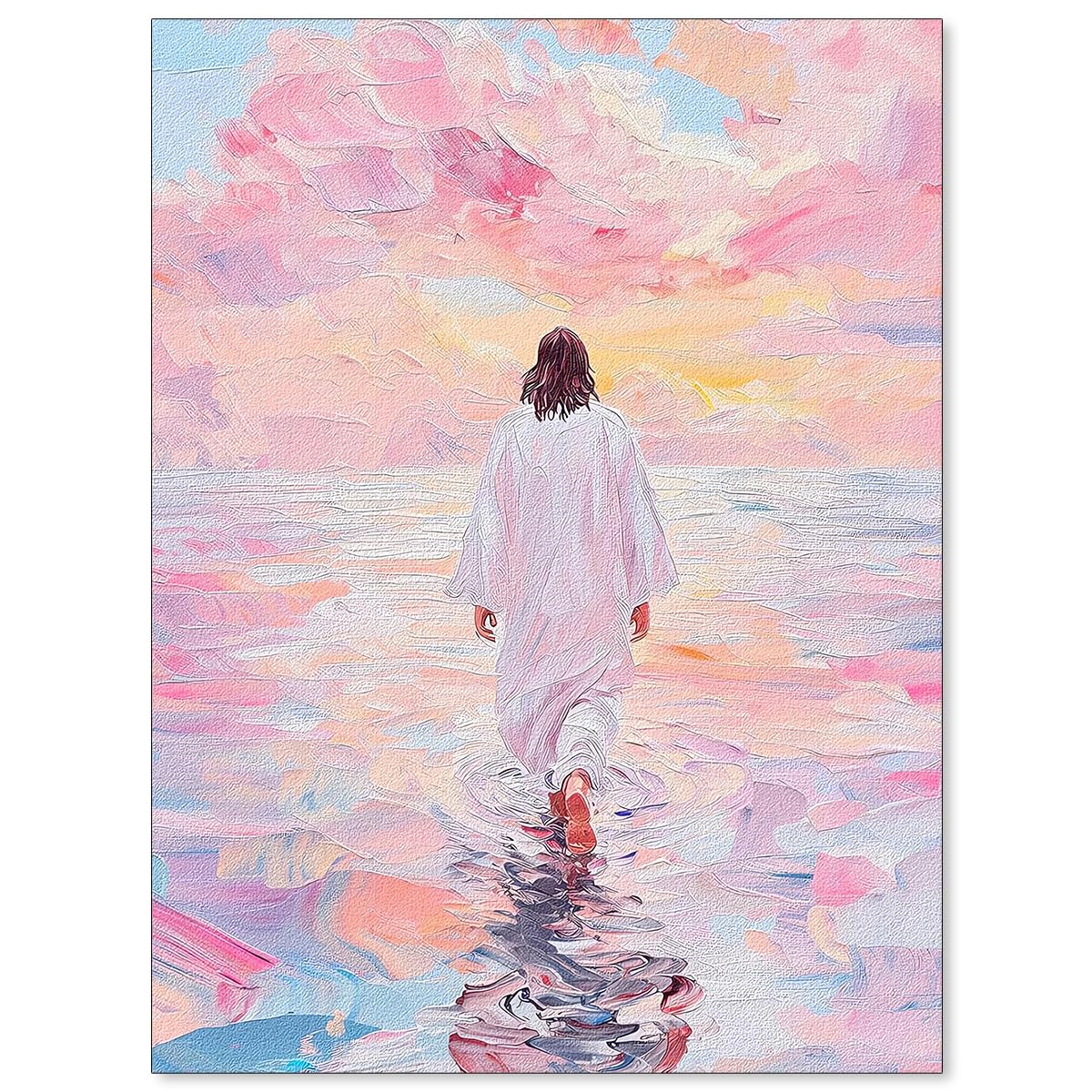 Jesus Walking On Water Pink Wall Art Religious Christian Oil Painting Canvas Poster Modern Aesthetic Artwork Decor for Bedroom Prayer Room Church 08x10 inch Unframed