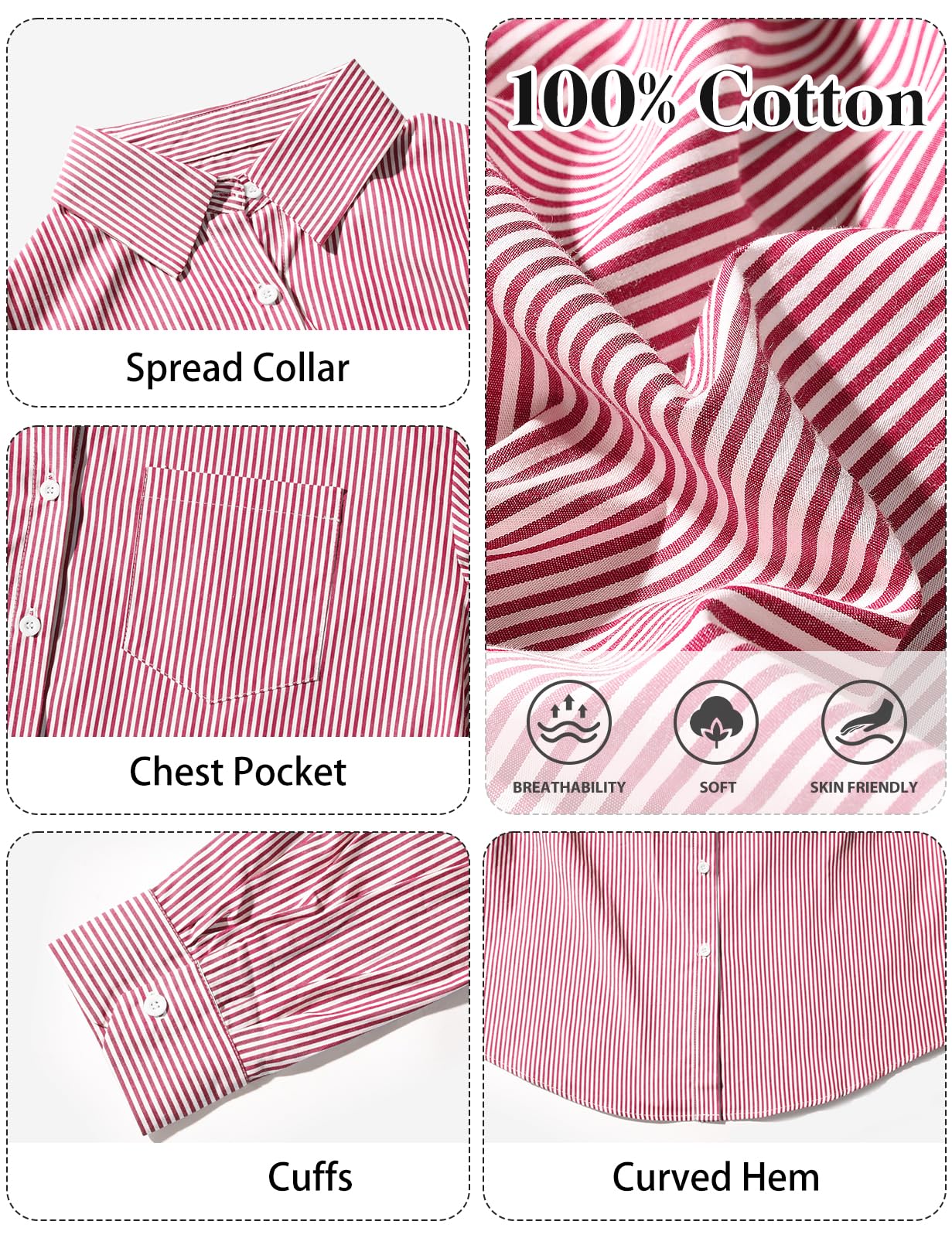 Xnova Camicetta a Righe da Donna con Bottoni, Elegante Magliette a Maniche Lunghe in Cotone, Classica Casual Blusa con Colletto e Tasca Camicia Tops da Ufficio Lavoro