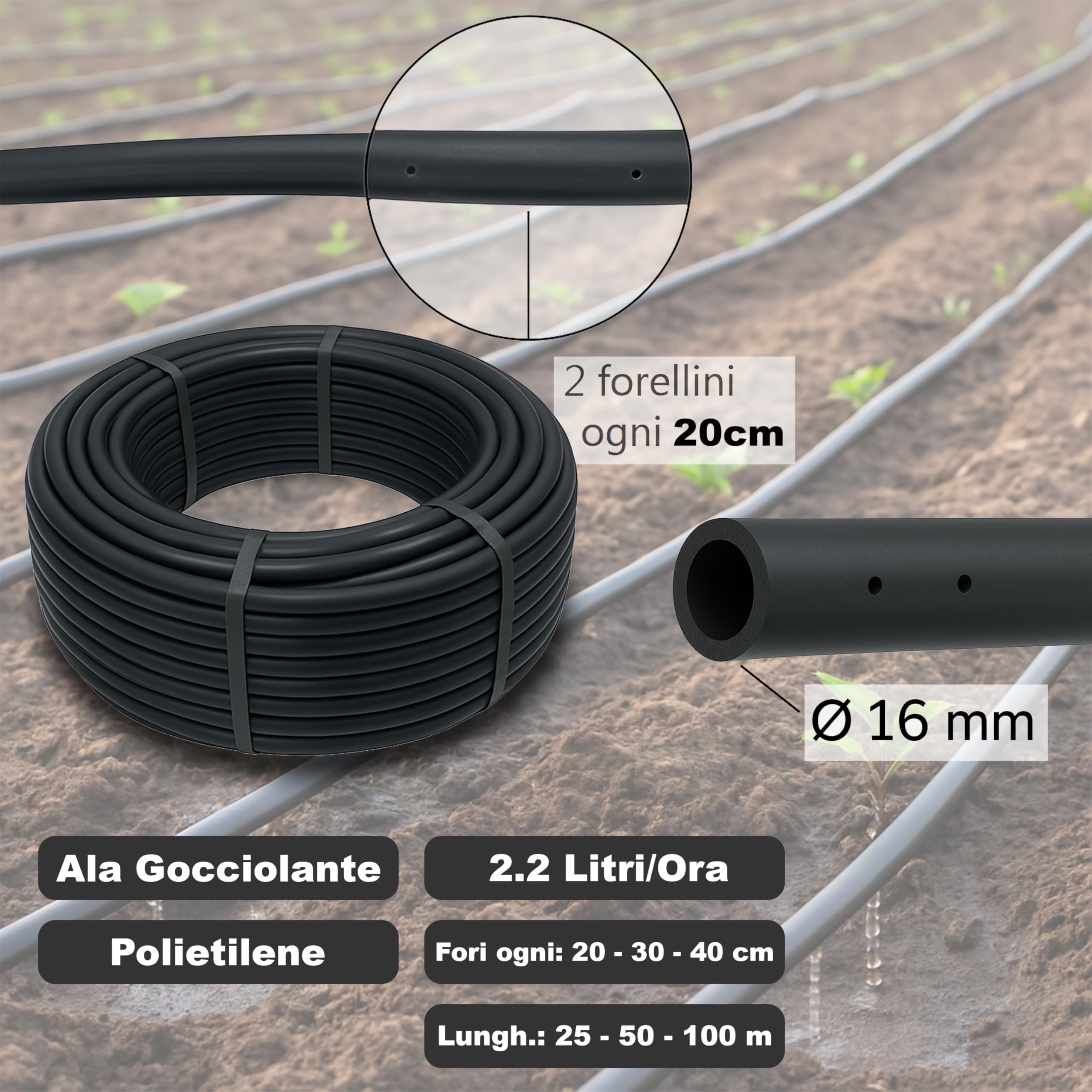 MAKA Tropfschlauch flach 16 mm 100 m, Tropfband 2,2 l/h, Abstand 20 cm