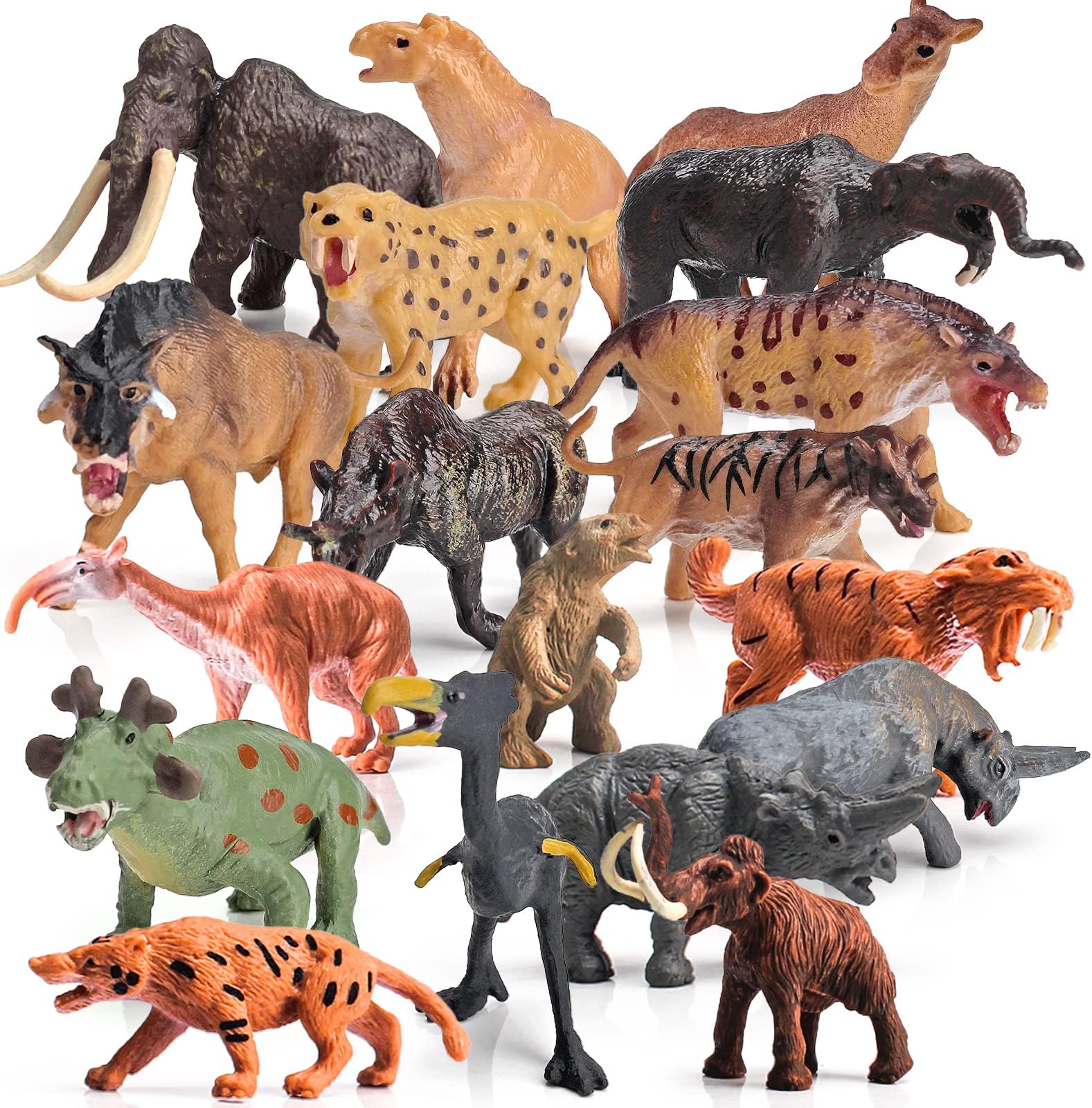 LC JoyCre Mini Prehistoric Animals Toys 2Inch Wildlife Mammals Mini Set 18PCS Woolly Mammoth Animal Bulk Figurines Saber-Toothed Tiger Model Dire Wolf Figure Kids Birthday Gift
