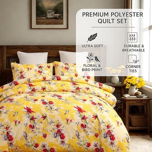Miniatura 2 de DaDa Bedding - Funda de edredón con diseño floral amarillo radiante, colibríes, flores rojas, jardín, con fundas de almohada, brillante, vibrante,