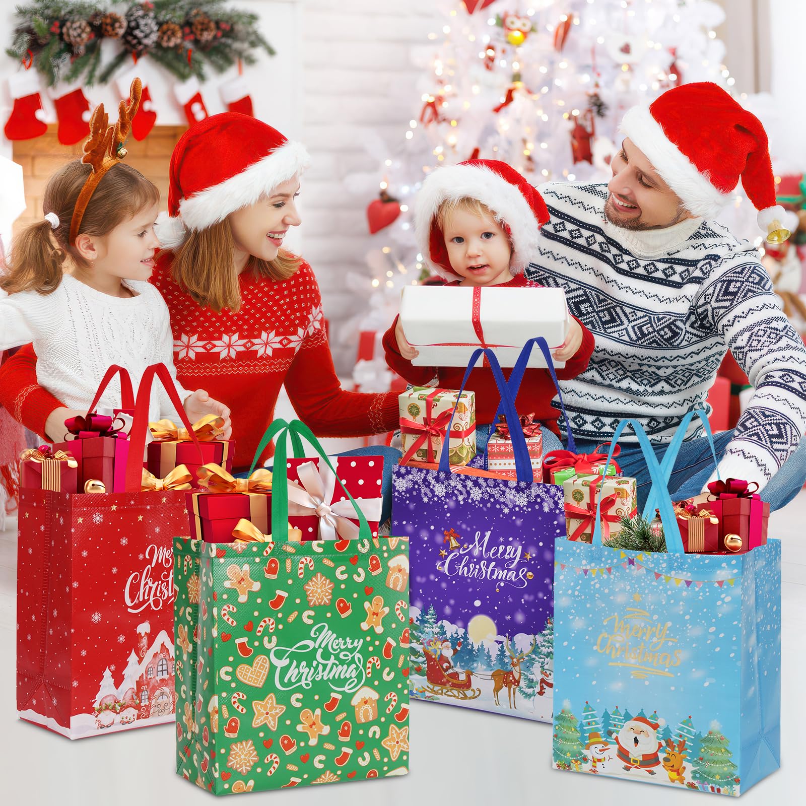 12 PCS Christmas Tote Bags - Reusable Holiday Gift Wrapping Bags With Handles