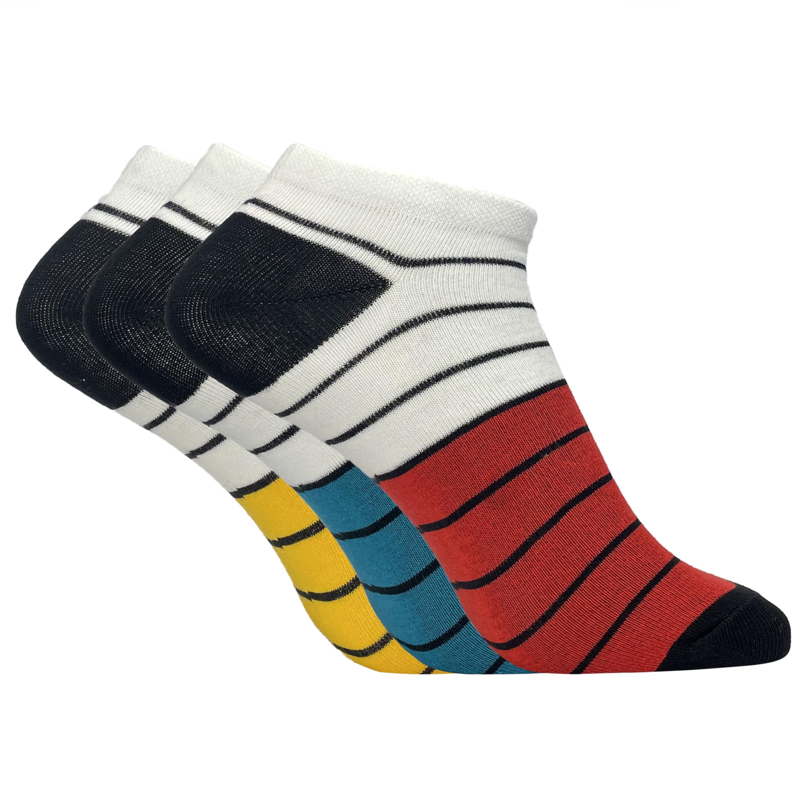 TRAZO Men's Combed Cotton Stripe Sneaker Socks Trio - Multicolor | Multi-Purpose Knitted Sneaker Socks| Socks for Men| Pack of 3