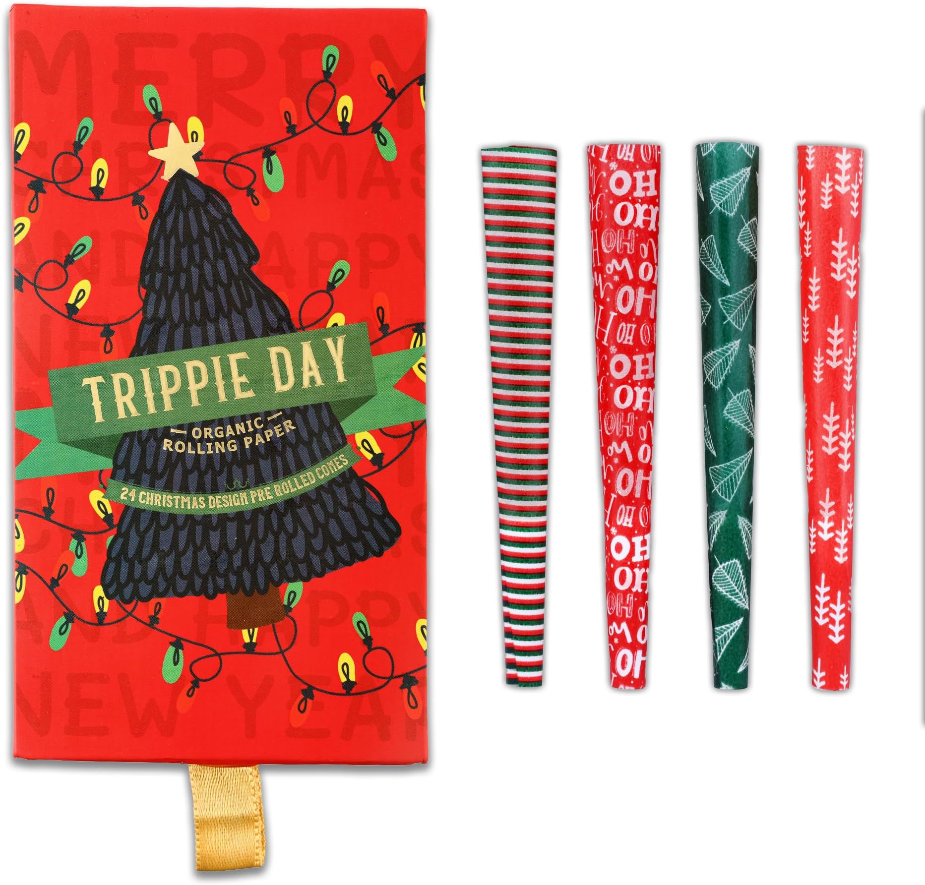 Printed Pre-Rolled Cones - 24 Pack with 4 Unique Holiday Christmas Designs | 1 1/4 Size | Food-Grade Soy Ink Safe for Consumption | Giftable Box for Festive Celebrations