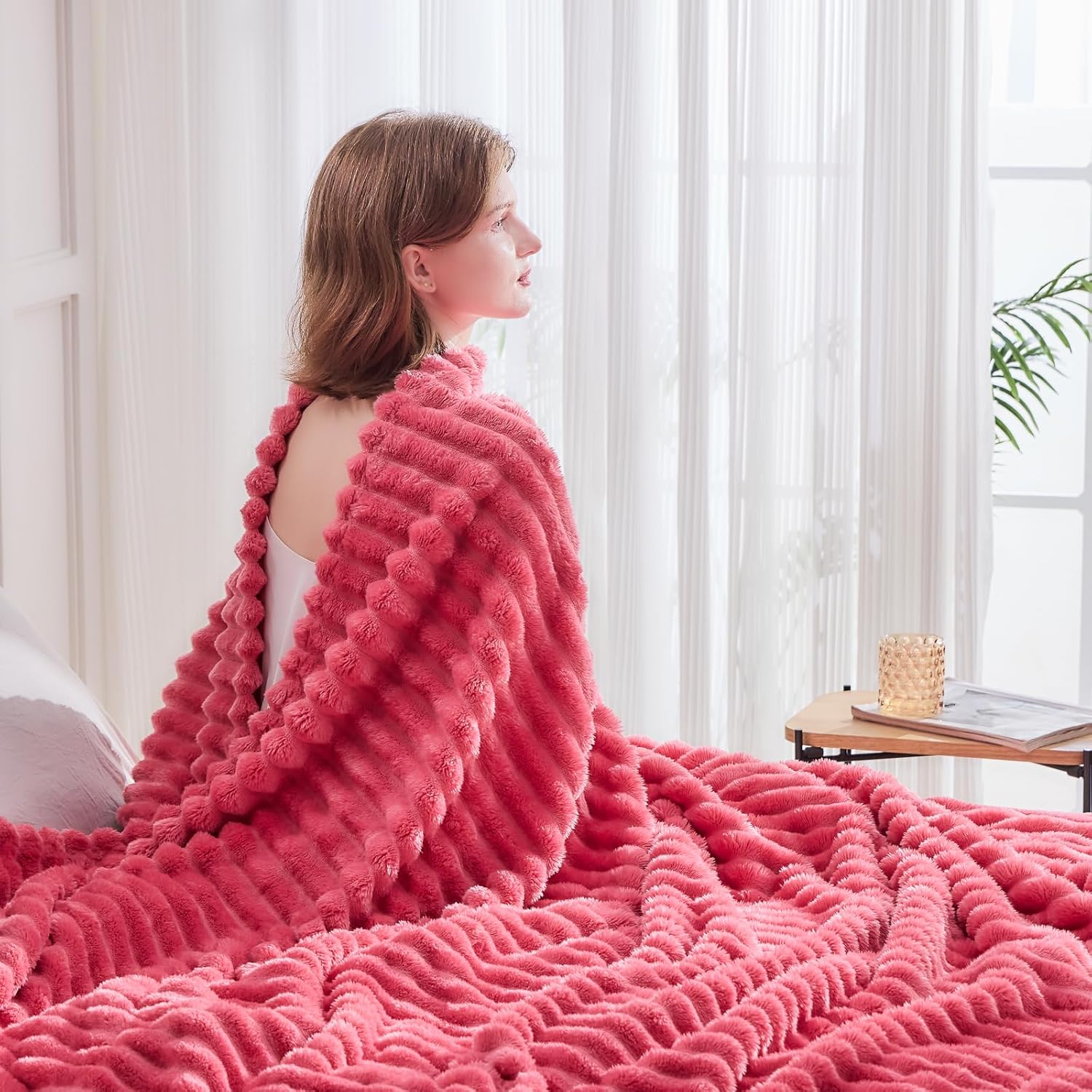 NEWCOSPLAY Super Soft Throw Blanket Coral Pink Premium Silky Flannel Fleece 3D Ribbed Jacquard Lightweight Bed Blanket All Season Use (Coral Pink Ribbed, Throw(50"x60")) - Image 7