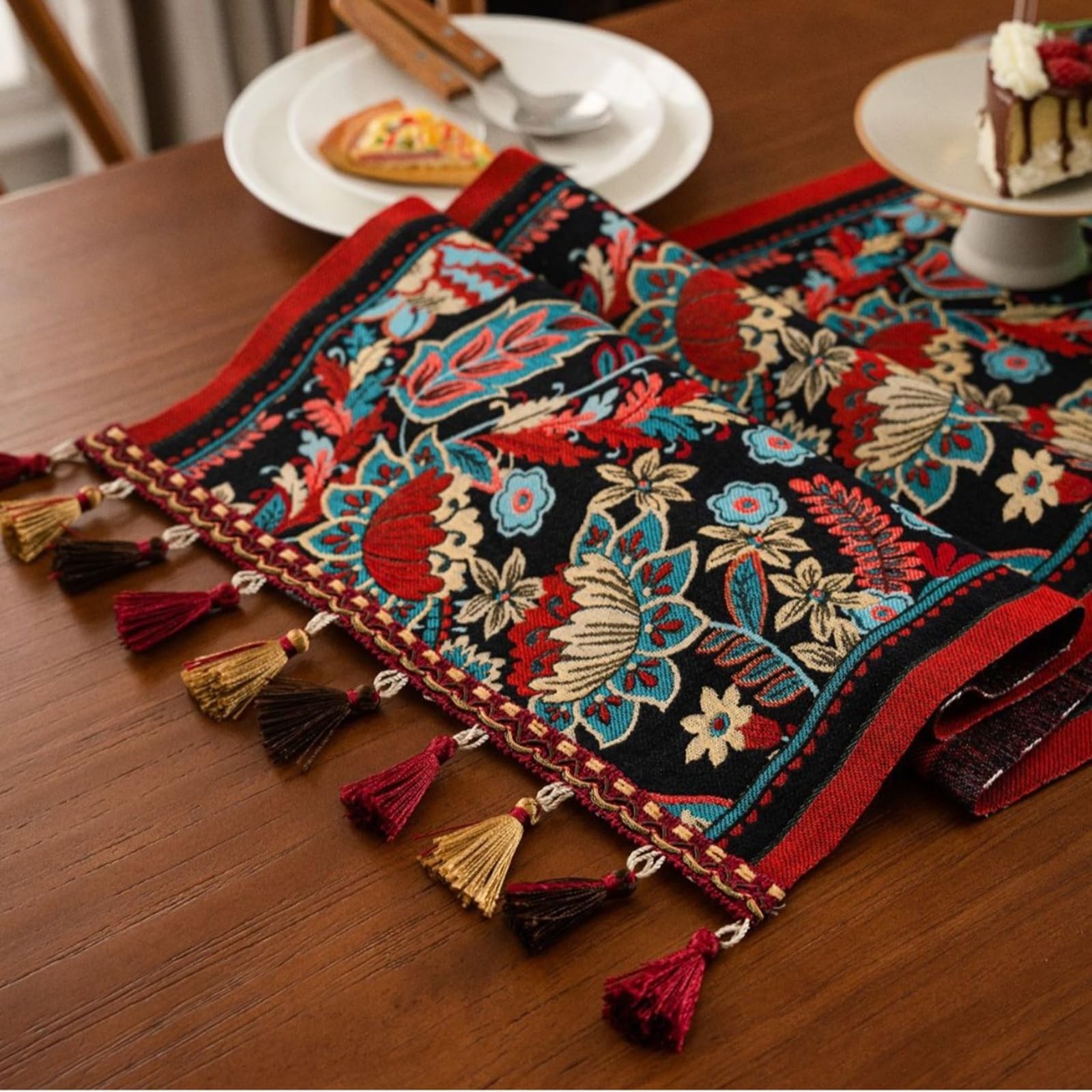 Tischläufer Landhausstil Polyester, Tischläufer Modern 35x180 cm, Blumenjacquard mit Quasten