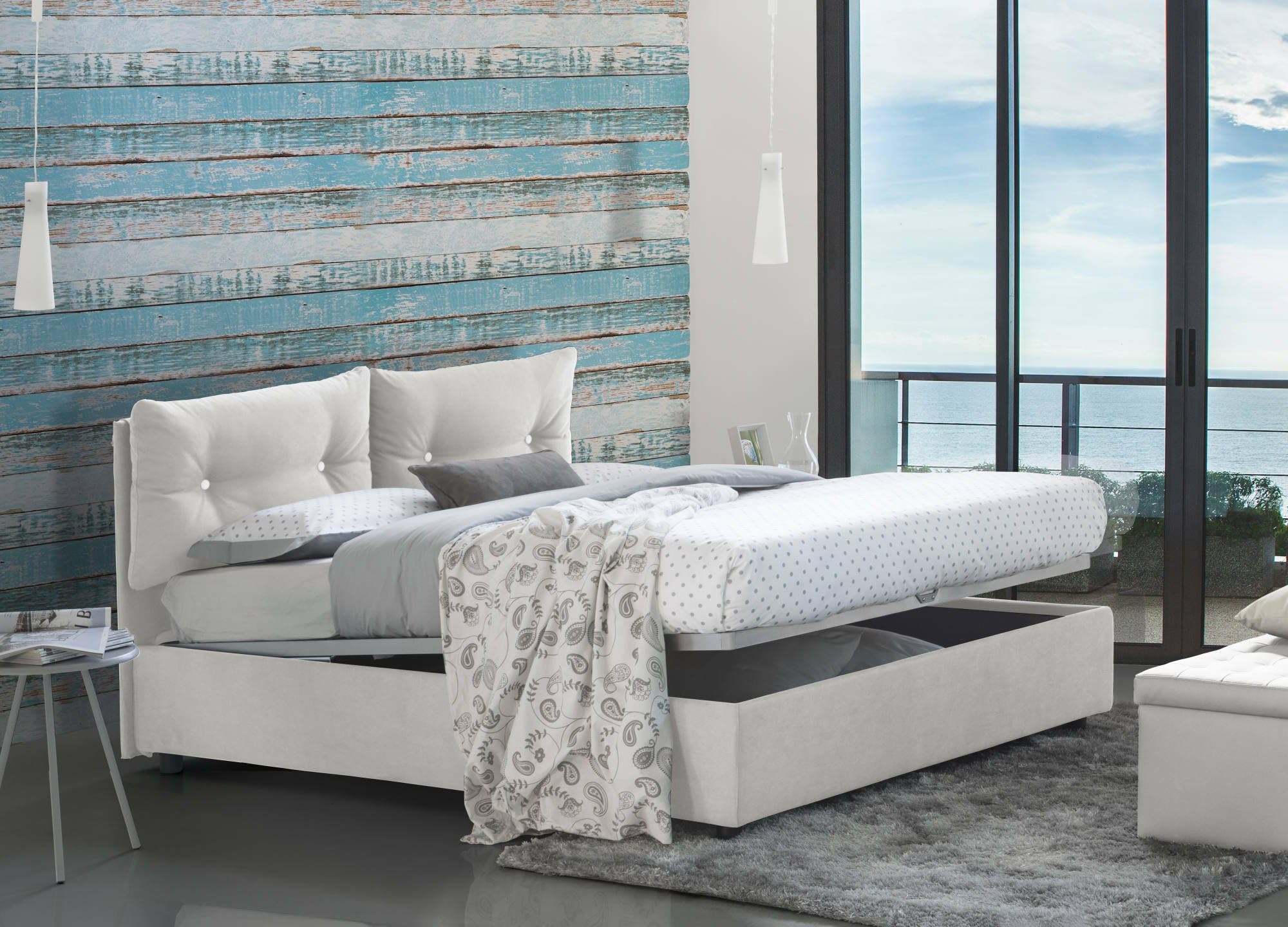 Talamo Italia - Letto matrimoniale Elisabetta, Letto contenitore con rivestimento in tessuto, 100% Made in Italy, Apertura frontale, adatto per materasso Cm 160x190, Bianco