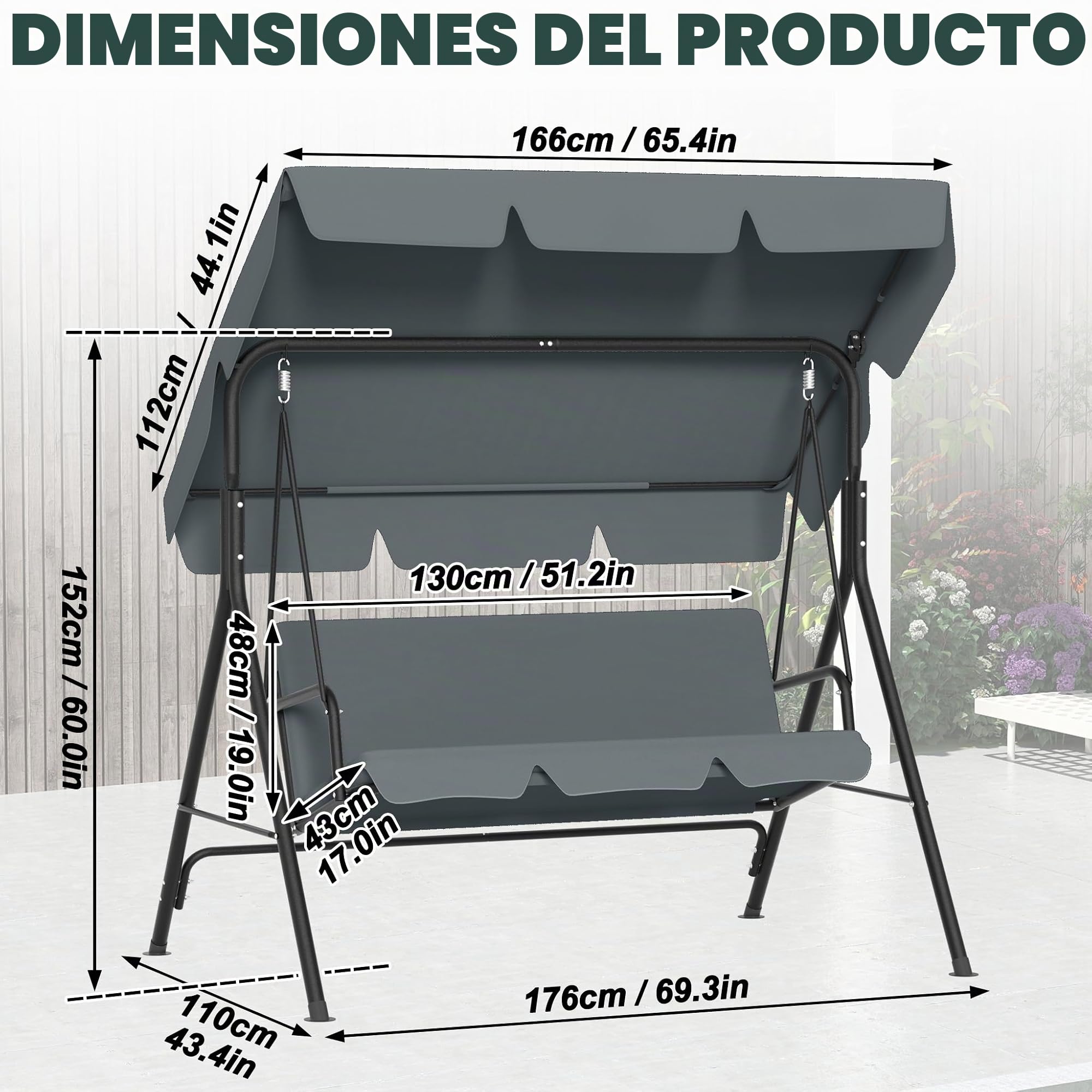 176x110x152cm columpio Hollywood de jardín con toldo y cojín de asiento y marco de acero, banco balancín de jardín de 3 plazas, capacidad de carga hasta 200KG, banco balancín tumbona de jardín