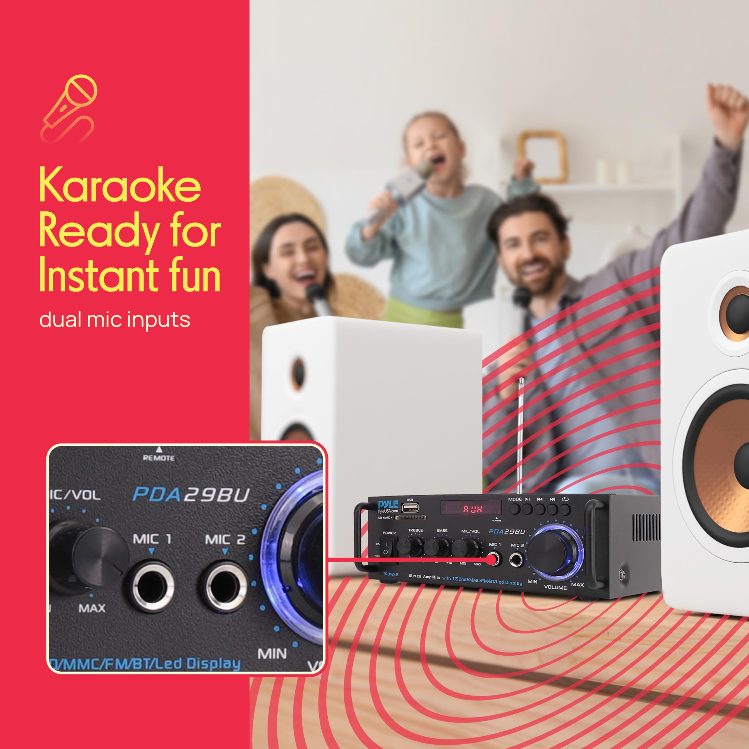 Pyle 200W Bluetooth Compact Power Amplifier - Wireless 2 Channel Audio Receiver with Dual Karaoke Mic Input - RCA - USB-A + SD Card MP3 Player - FM Radio - AUX in - Remote Control - PDA29BU — Amazon image 4