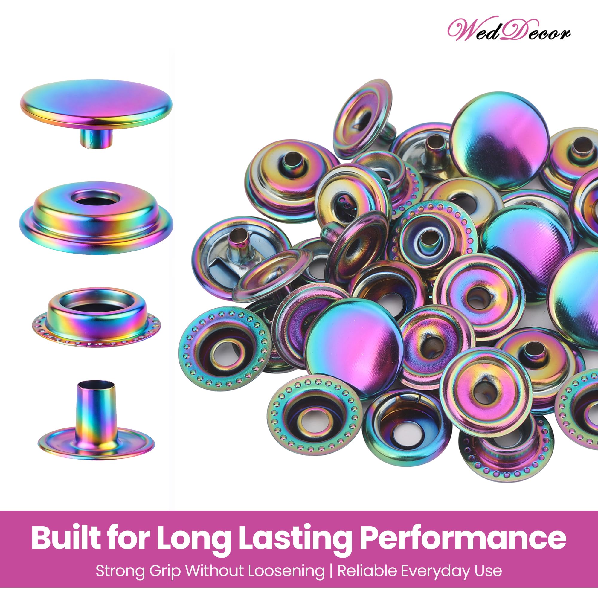 WedDecor Botones de presión grandes de 15 mm de latón resistente de cuatro piezas para manualidades en cuero, cubierta de barco, reparación, reemplazo, ropa, arco iris, 100 juegos