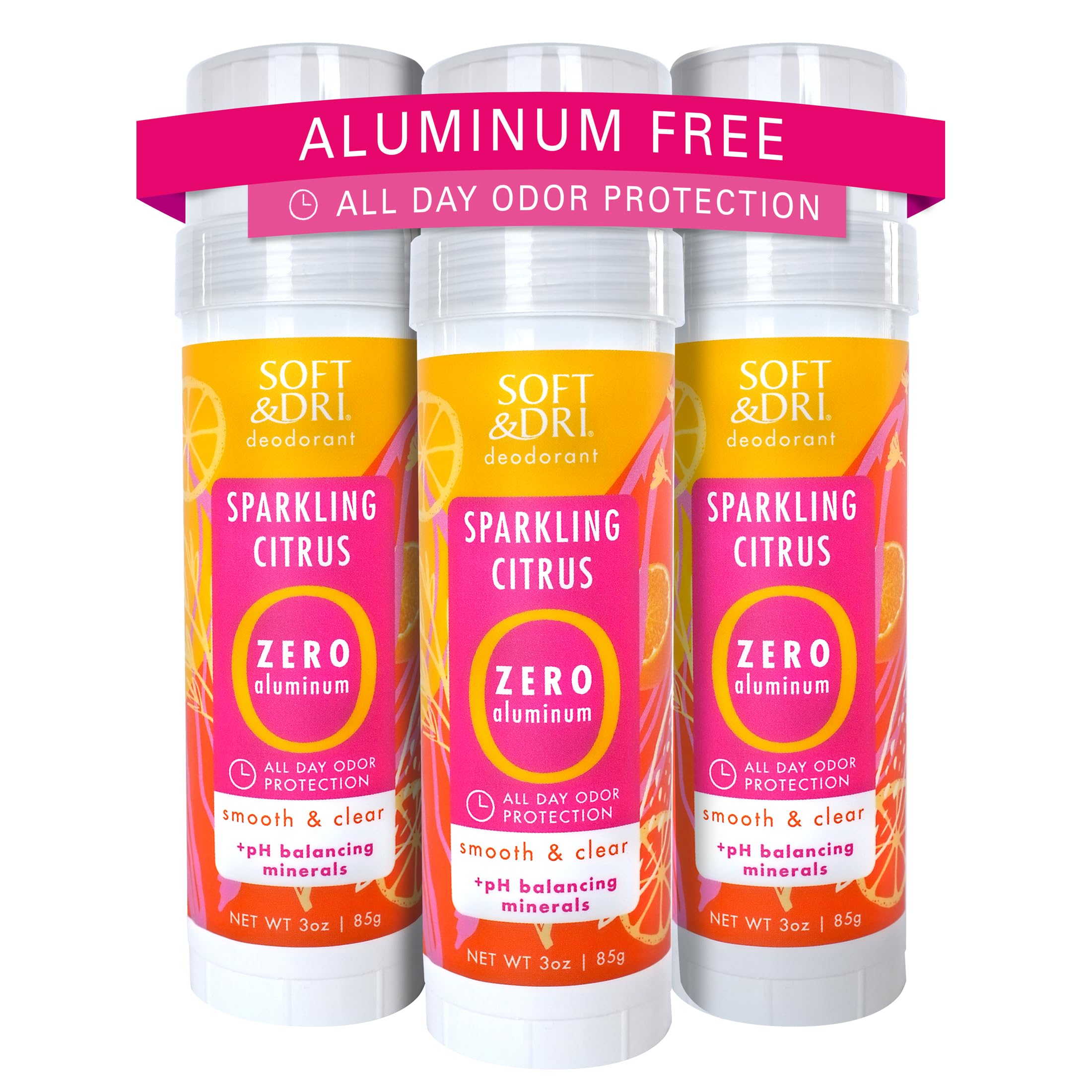 Soft & Dri Sparkling Citrus Aluminum Free Deodorant, 3 oz, Smooth and Clear Stick, pH Balancing Minerals, 3 pack