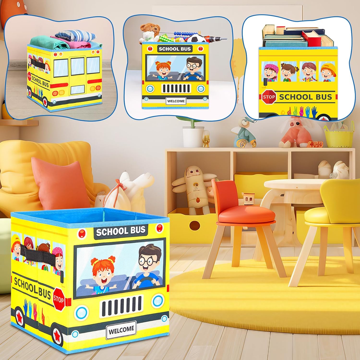 6 Pcs 11 Inch Colorful Fabric Storage Bins Bus Foldable Fabric Cubby Baskets with Handles for Back to School Classroom Organization Collapsible Bins Organizer for School Nursery Office Home Supplies