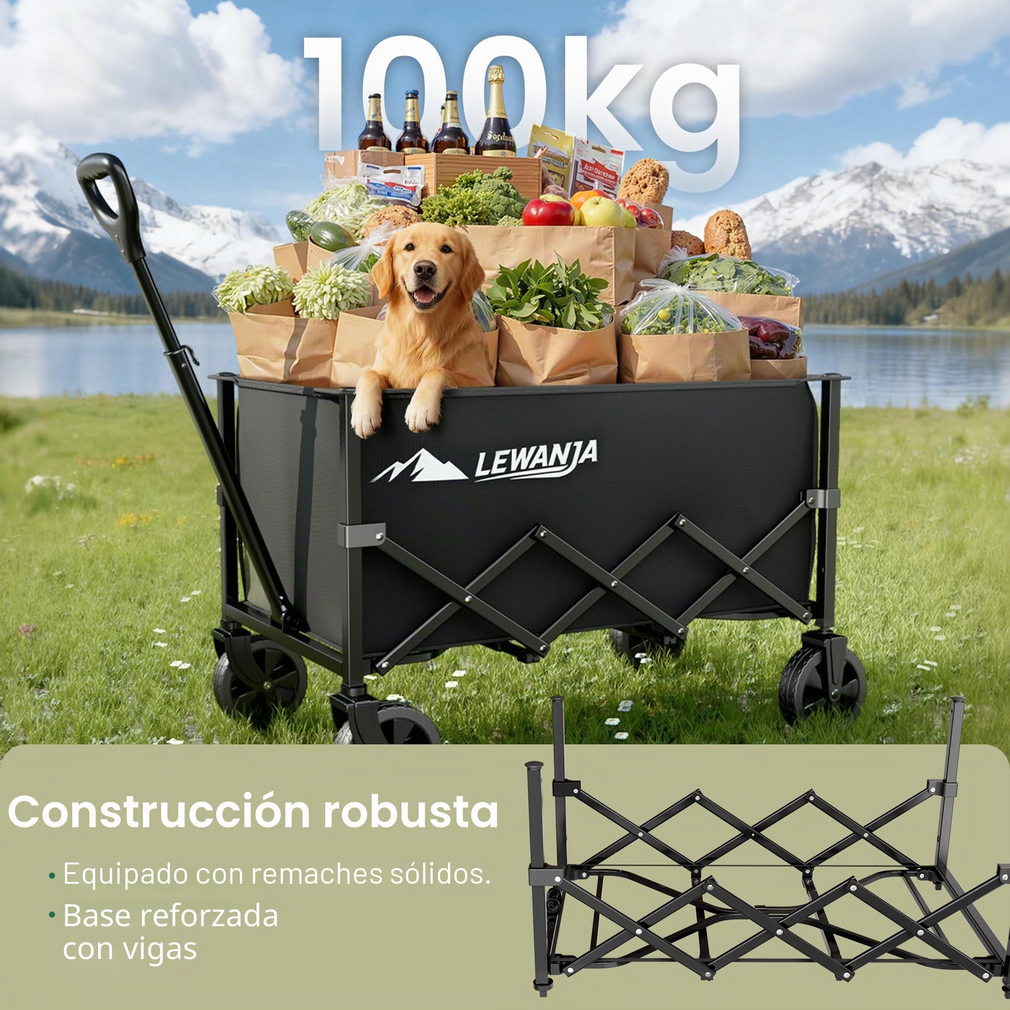 LEWANJA 100L Carro Playa Plegable, Robusto Carrito de Jardín con Mango Ajustable, Carga 100kg, para Festivales, Camping y Compras