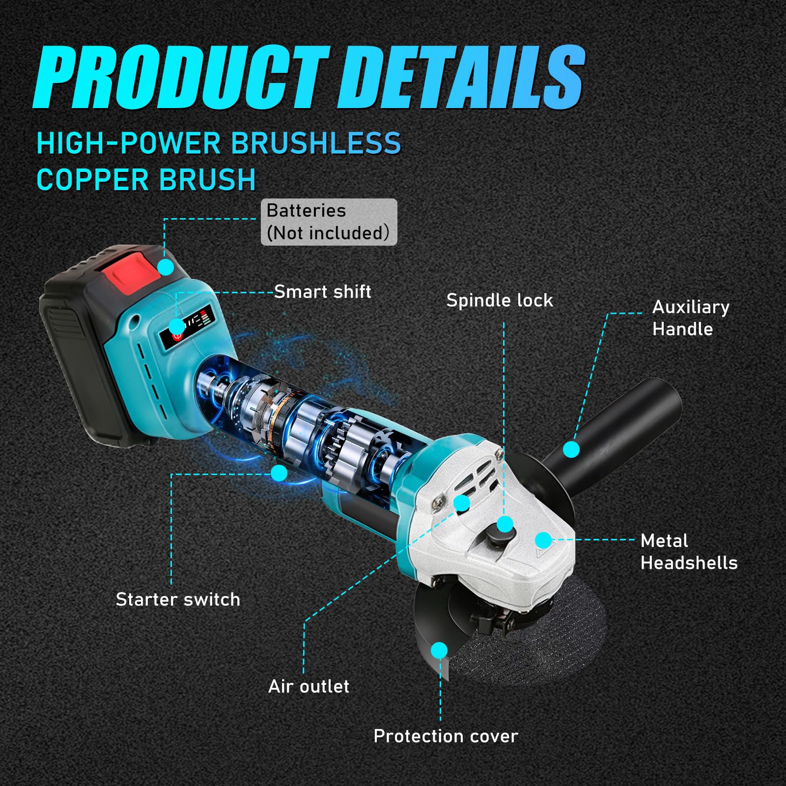 Akku Winkelschleifer Kompatibel mit Makita 18V, 125mm Kabelloser Akku Schleifer Bürstenloser Winkelschleifer mit 1x4000mAh Batterie, Schleifscheiben, Scheibenschutz